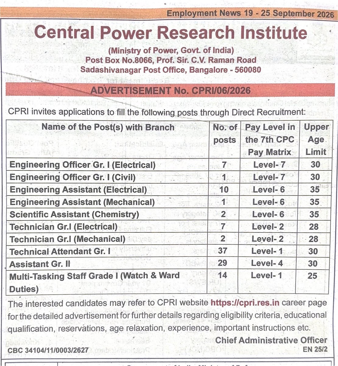 ARMTNPSC's tweet photo. CENTRAL POWER RESEARCH INSTITUTE 
(Ministry of Power, Govt. Of India)

📌 Vacancies: 110
🔗 Details: https://t.co/hzkcPwyqSD 
🌇 Bengaluru 
📍 Direct Recruitment