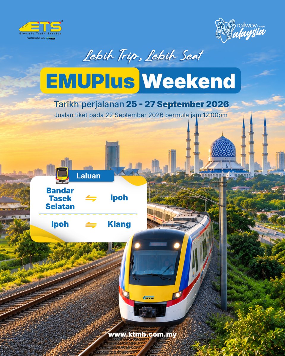 ktm_berhad's tweet photo. Pagi yang baik bermula dengan plan yang baik. ☀️ EMUPlus Weekend kembali pada 25 hingga 27 September bagi laluan Bandar Tasik Selatan ⇄ Ipoh dan Ipoh ⇄ Klang.

#KTMB #EMUPlus https://t.co/EspAvSGNag