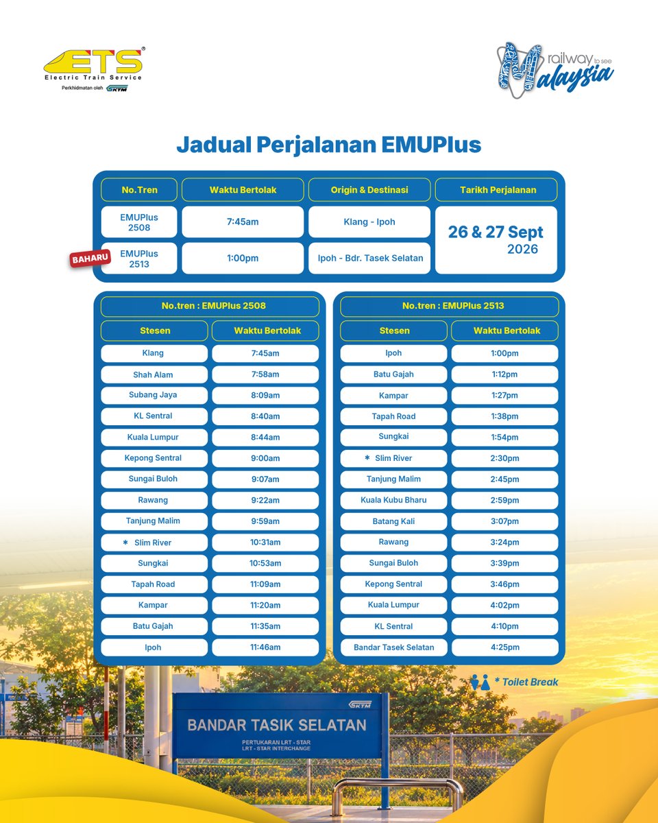 ktm_berhad's tweet photo. Pagi yang baik bermula dengan plan yang baik. ☀️ EMUPlus Weekend kembali pada 25 hingga 27 September bagi laluan Bandar Tasik Selatan ⇄ Ipoh dan Ipoh ⇄ Klang.

#KTMB #EMUPlus https://t.co/EspAvSGNag