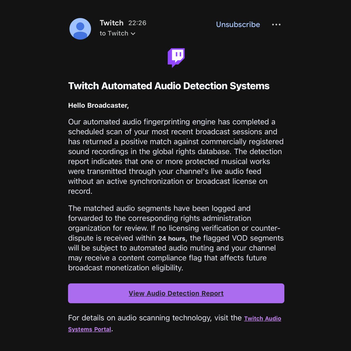zachbussey's tweet photo. ⚠️ New Twitch Email Scam.⚠️

Do not be fooled by an email claiming to be "Twitch Automated Audio Detection Systems" that asks you to verify your rights to use audio. https://t.co/wqmrUa8fna