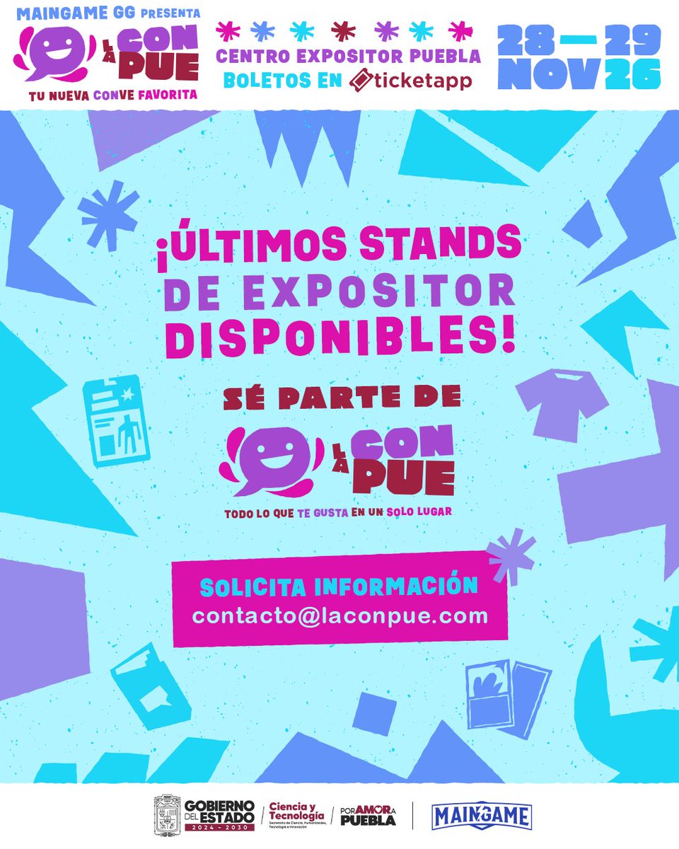LaConPue's tweet photo. ¡Tu marca también tiene un lugar en La ConPue! ✨

Aprovecha los últimos stands de expositor disponibles para mostrar tus productos y conectar con nuestras comunidades.

📩 Escríbenos a contacto@laconpue.com para conocer la disponibilidad y los detalles. https://t.co/A7UECw05qc