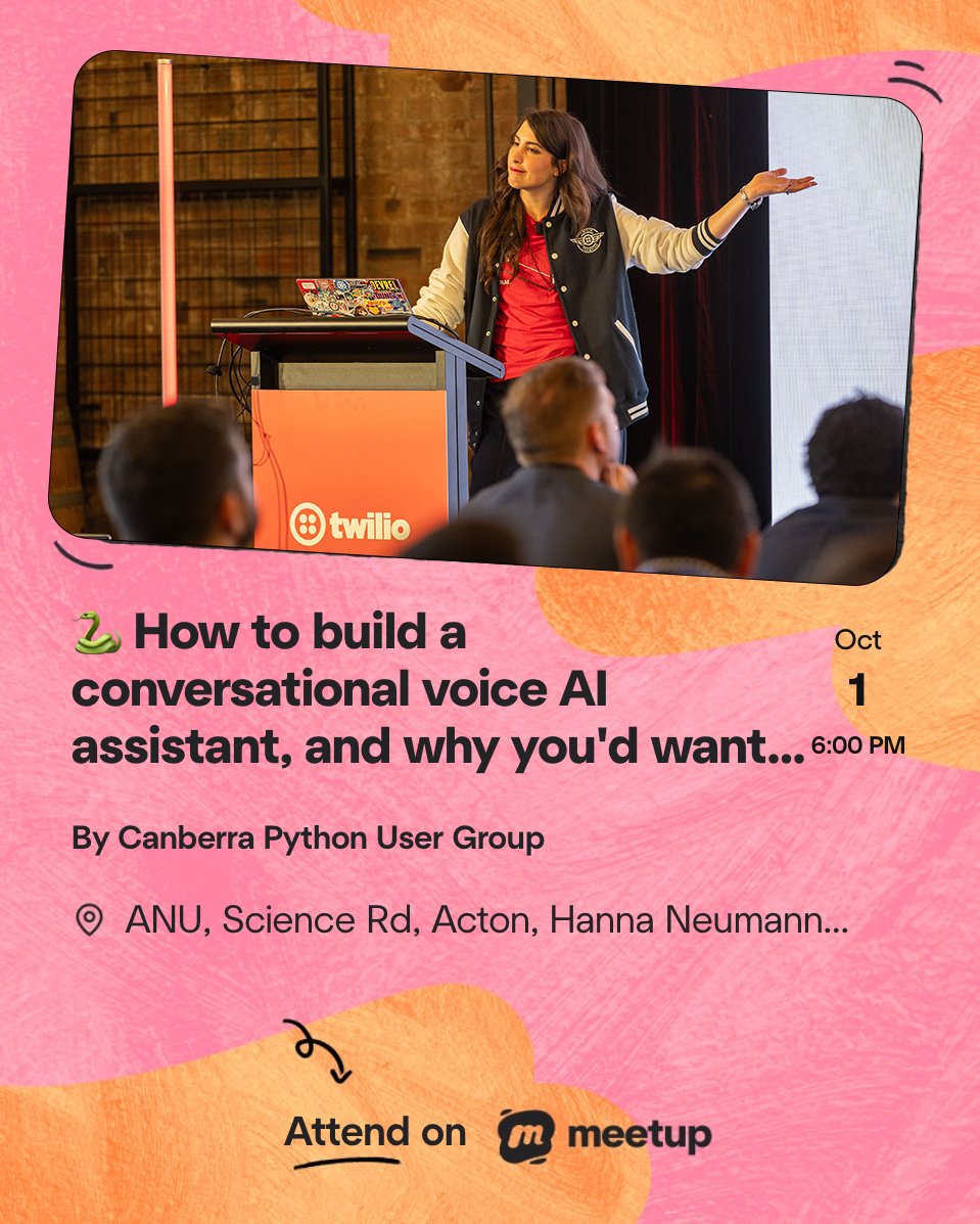 MishManners's tweet photo. I'm coming to Canberra to speak at the Python Users Group. @twilio is sponsoring too!

Come on down 👇
https://t.co/Jig0BlAnR0 https://t.co/7FD0ClLswQ