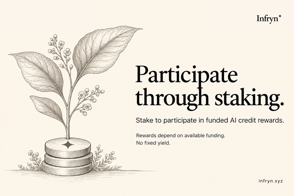 infryncompute's tweet photo. Participate Through Staking

Staking connects participation with funded AI credit rewards on Infryn.

Rewards depend on available funding, with no fixed yield. Those credits connect participation to useful AI work.

https://t.co/OOPKIapQny