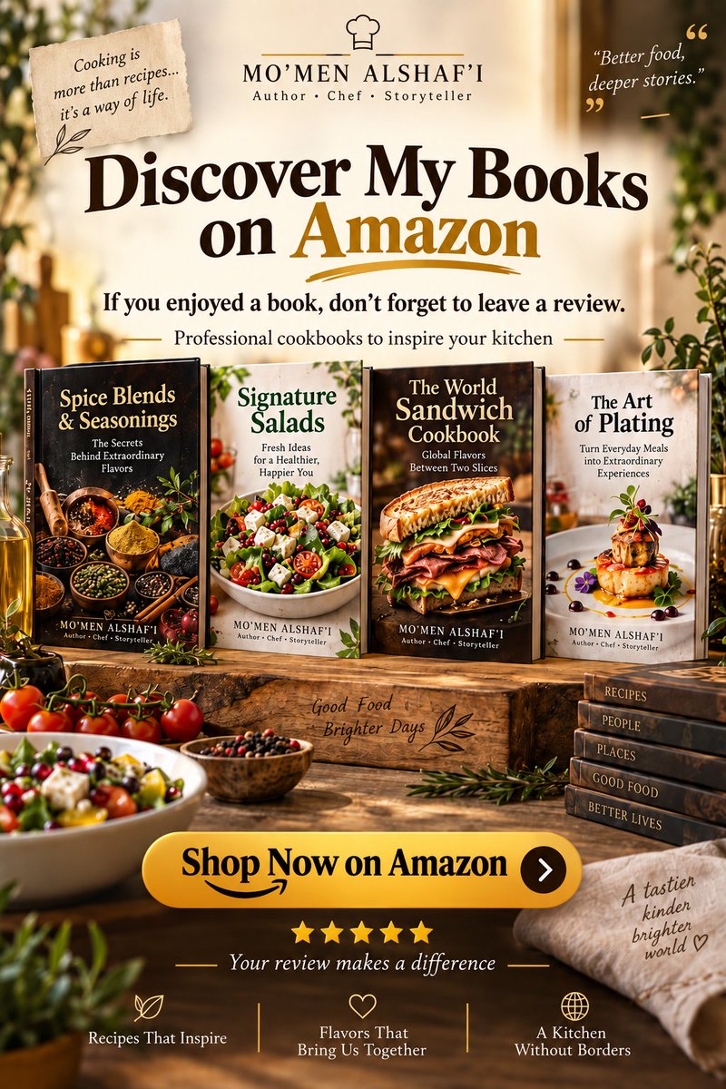 MOMENAlshafi's tweet photo. Explore a collection of inspiring cookbooks by MO’MEN ALSHAF’I — Author • Chef • Storyteller. Discover global sandwiches, fresh salads, flavorful spice blends, and creative plating ideas designed to bring more flavor and inspiration to your kitchen. Available now on Amazon. If you’ve already enjoyed one of the books, your honest review is greatly appreciated. ⭐⭐⭐⭐⭐

#Cookbook #CookbookAuthor #CookingBooks #RecipeBook #FoodLovers #HomeCooking #CookingInspiration #GlobalCuisine #WorldRecipes #Foodie #ChefLife #CulinaryArts #KitchenInspiration #FoodPhotography #AmazonBooks #BooksOnAmazon #BookRecommendations #BookReview #CookingAtHome #RecipeIdeas #SandwichRecipes #SaladRecipes #SpiceBlends #FoodPlating #ChefMomen #MomenAlshafi