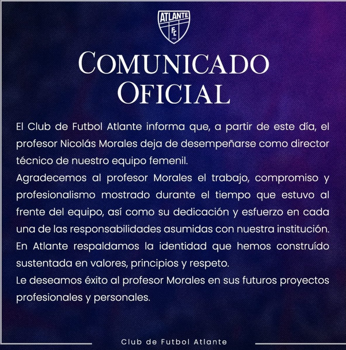 PressPortmx's tweet photo. 🔴 | OFICIAL. 

Nicolás Morales deja de ser el Director Técnico del @atlantefem 

"En Atlante respaldamos la identidad que hemos construido sustentada en valores, principios y respeto". https://t.co/j6XVJkjUOm