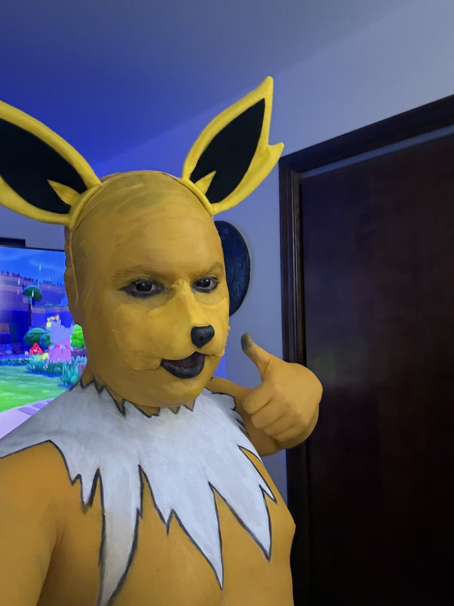 goldeneye545's tweet photo. You guys choose Jolteon from Pokémon as our next Eevee evolution cosplay! Jolteon is a electric type of Pokémon. I think this cosplay of Jolteon came out fantastic. Jolteon came to life thanks to @northfur awesome small fox nose. #pokmon #jolteon #cosplay #bodypaint #makeup https://t.co/5qaTt8Aa6Y