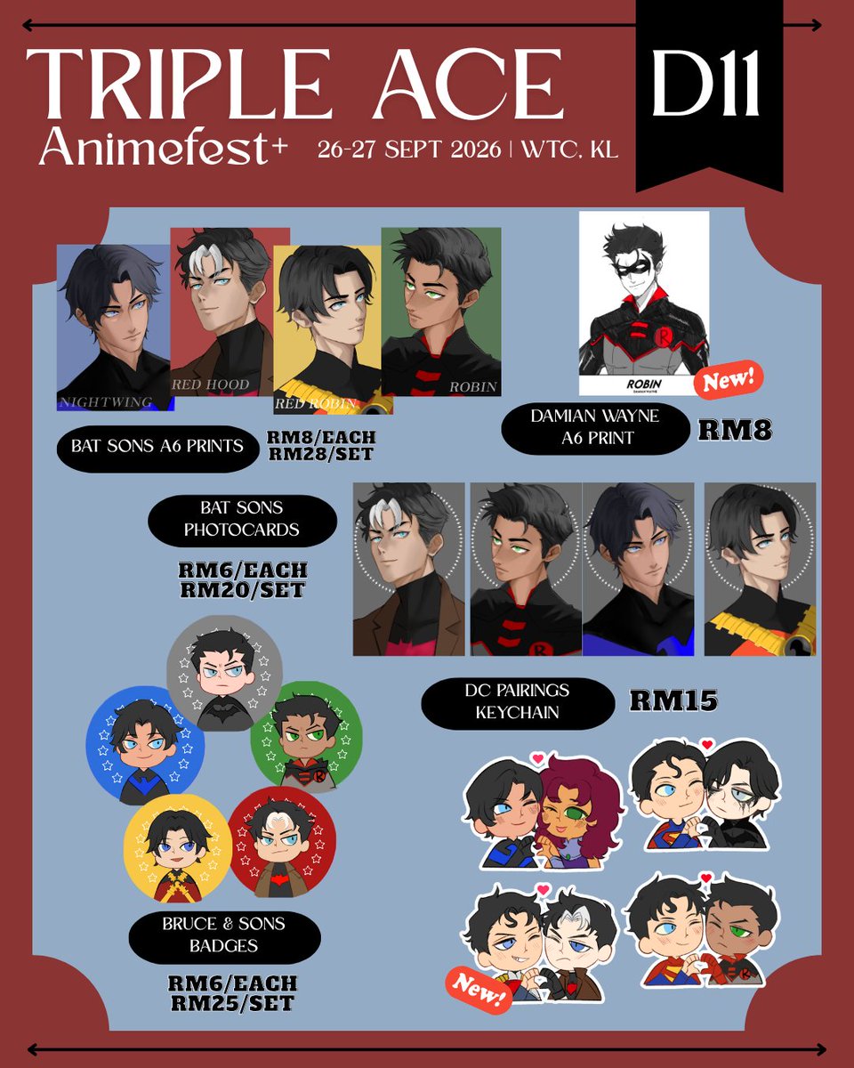 selcouth6th's tweet photo. [RT appreciated]
I will be boothing at Animefest+ this weekend at WORLD TRADE CENTER (PWTC) KL 🫡

📍
DC/Batfam, JJK, Ryan Gosling, ZZZ, Nijisanji EN and a couple of originals! 

#batfam #dccomics #rgcu #animefestplus #animefestplus2026 https://t.co/8qw4ldNWUe