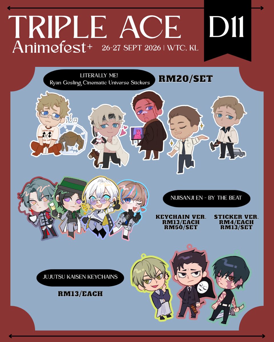selcouth6th's tweet photo. [RT appreciated]
I will be boothing at Animefest+ this weekend at WORLD TRADE CENTER (PWTC) KL 🫡

📍
DC/Batfam, JJK, Ryan Gosling, ZZZ, Nijisanji EN and a couple of originals! 

#batfam #dccomics #rgcu #animefestplus #animefestplus2026 https://t.co/8qw4ldNWUe