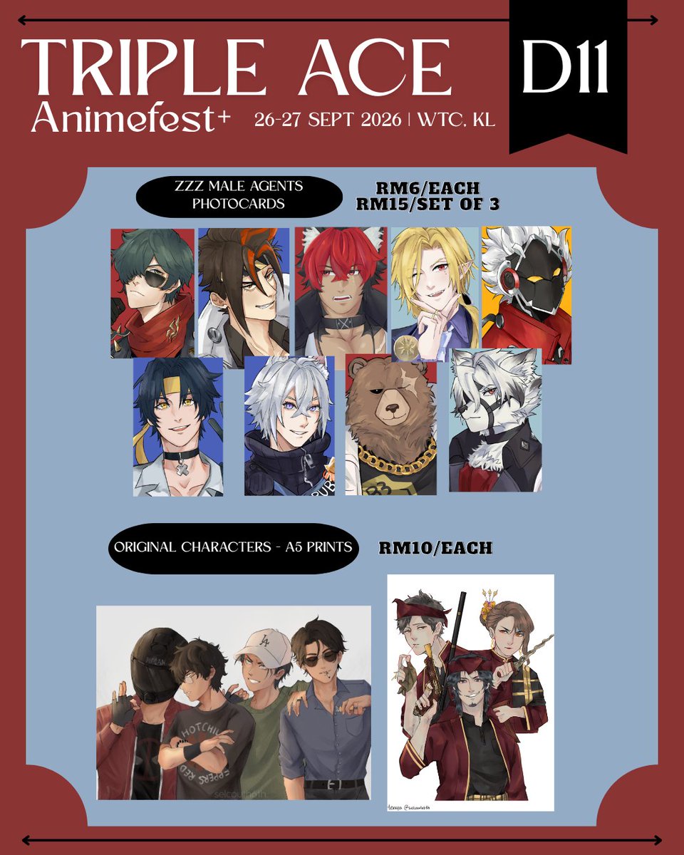 selcouth6th's tweet photo. [RT appreciated]
I will be boothing at Animefest+ this weekend at WORLD TRADE CENTER (PWTC) KL 🫡

📍
DC/Batfam, JJK, Ryan Gosling, ZZZ, Nijisanji EN and a couple of originals! 

#batfam #dccomics #rgcu #animefestplus #animefestplus2026 https://t.co/8qw4ldNWUe