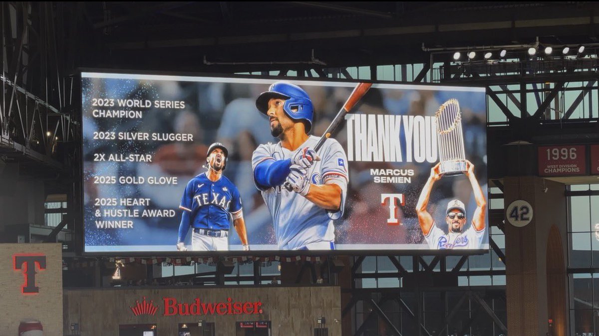 McFarland_Shawn's tweet photo. The Rangers played a Marcus Semien tribute video before the second inning.

He came out of the dugout and waived to the crowd. https://t.co/w9aIZiUzHW