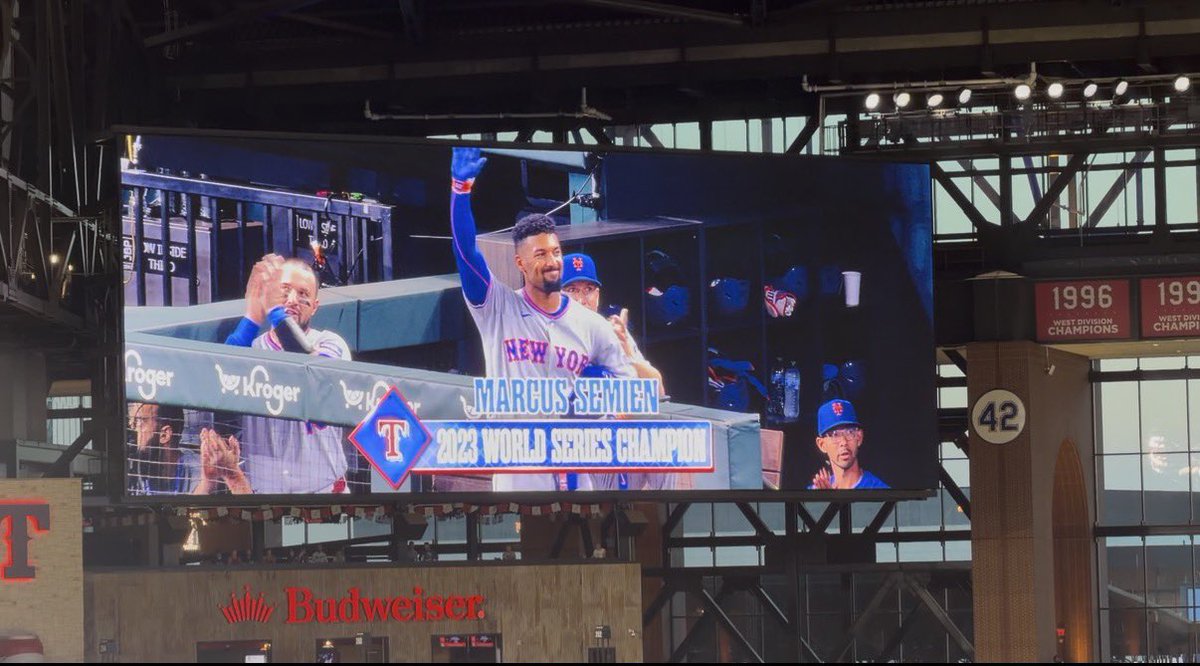McFarland_Shawn's tweet photo. The Rangers played a Marcus Semien tribute video before the second inning.

He came out of the dugout and waived to the crowd. https://t.co/w9aIZiUzHW