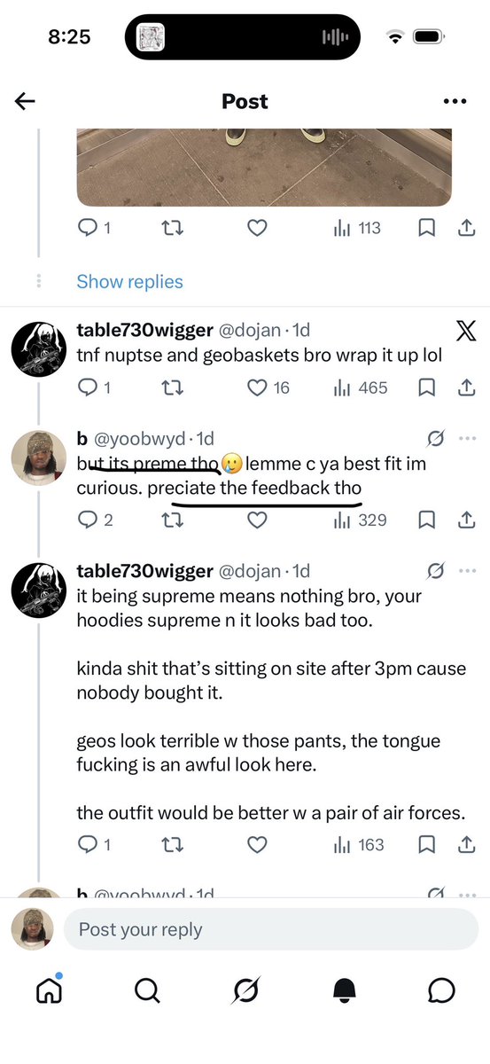 yoobwyd's tweet photo. @dojan @DodoFits @1017melly bro i responded 2 you joking saying its preme &amp; said lemme c ya best fit. i was responding inna joking way &amp; then you fucking flipped &amp; sent a whole paragraph😭😭now you talm bout “ boost his homies interactions” youre actually a fucking lower https://t.co/B1ByH0tLct