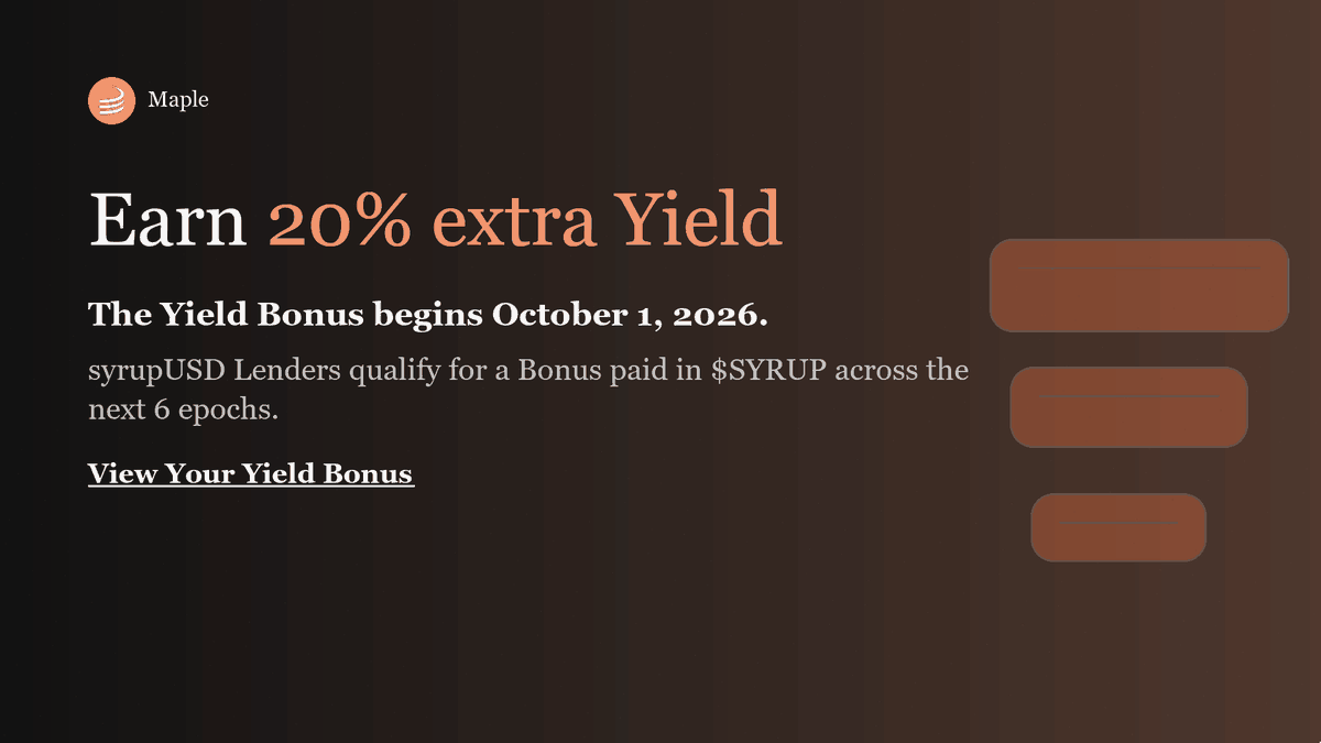 magleethereum's tweet photo. $SYRUP Yield Bonus Starts October 1, 2026.  
                                                                                                      
syrupUSD Lenders qualify for 20% extra Yield paid in $SYRUP for the next 6 epochs.     
                                                                  
 Check Your Yield Bonus ↓
https://t.co/L3FENbAtbF