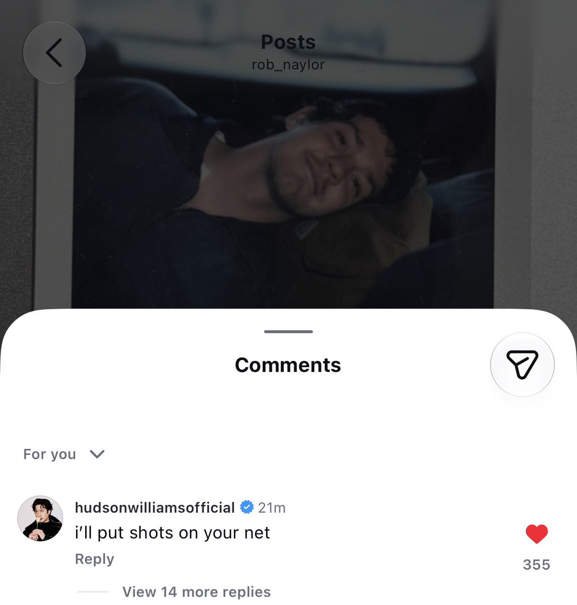 hudsonwonline's tweet photo. Hudson Williams’ comment on Robert Naylor’s (Wyatt Hayes) latest Instagram post! https://t.co/lH96x5S6Op