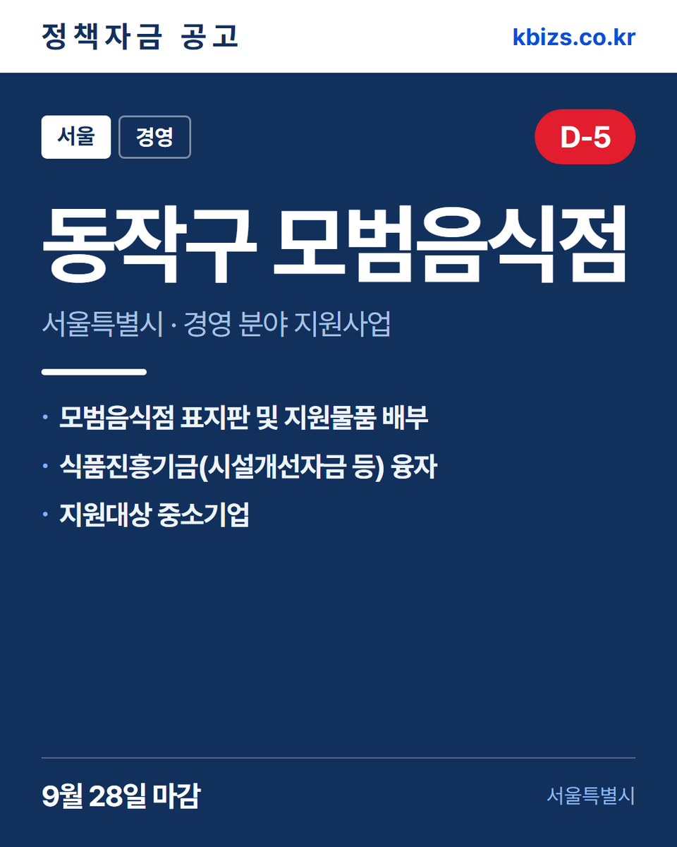 thekbizs's tweet photo. 오늘의 정책자금 공고 5건 · 기술·R&amp;D

① [서울] 동작구 2026년 모범음식점 신청 — 9월 28일 마감
② [서울] 구로구 2026년 하반기 일반음식… — 9월 28일 마감
③ [전국] 2026년 1차년도 산업혁신기반구… — 10월 2일 마감

#중소기업정책자금대출 #중소기업정책지원금 #기술 https://t.co/EWfP9eAYTe