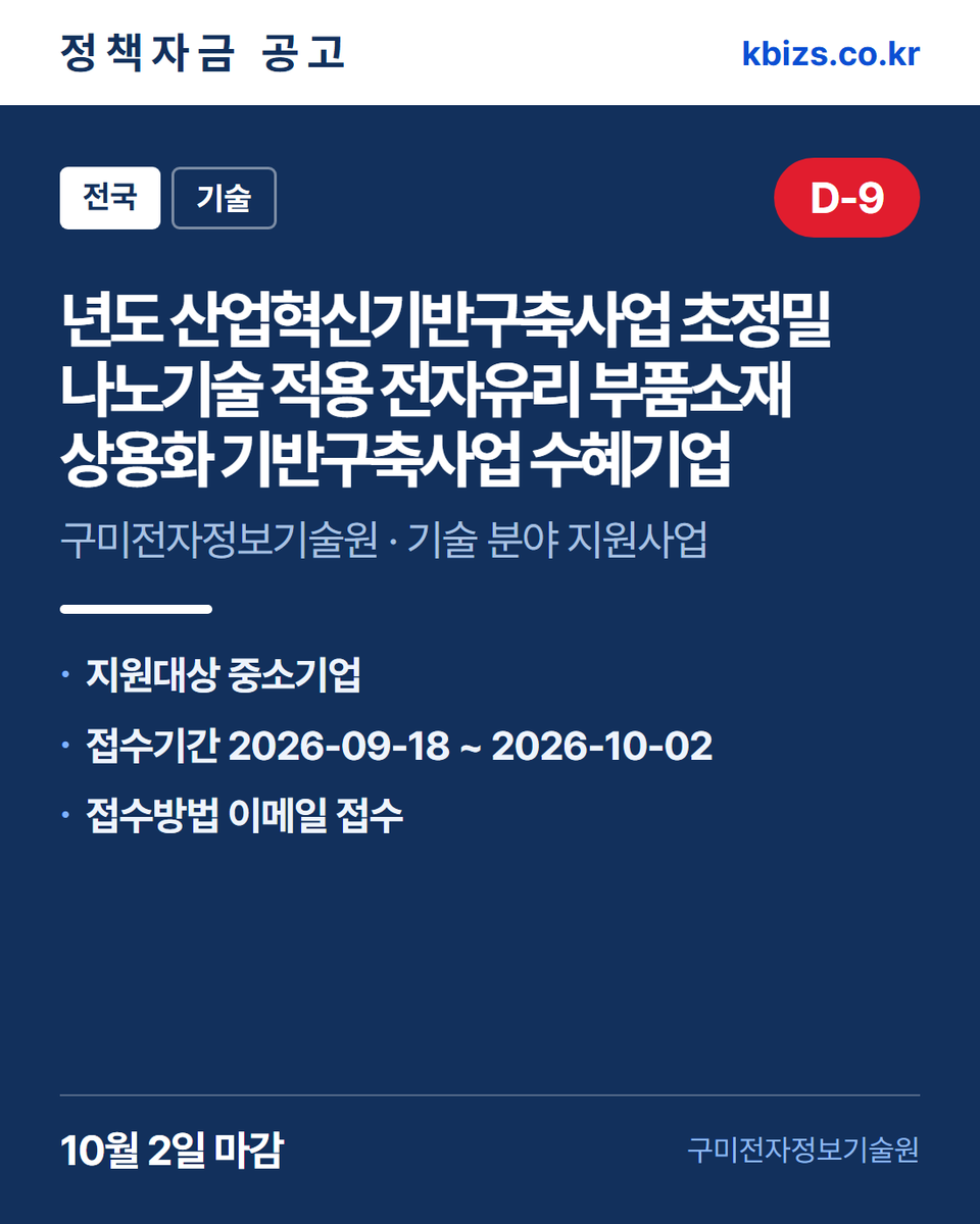 thekbizs's tweet photo. 오늘의 정책자금 공고 5건 · 기술·R&amp;D

① [서울] 동작구 2026년 모범음식점 신청 — 9월 28일 마감
② [서울] 구로구 2026년 하반기 일반음식… — 9월 28일 마감
③ [전국] 2026년 1차년도 산업혁신기반구… — 10월 2일 마감

#중소기업정책자금대출 #중소기업정책지원금 #기술 https://t.co/EWfP9eAYTe