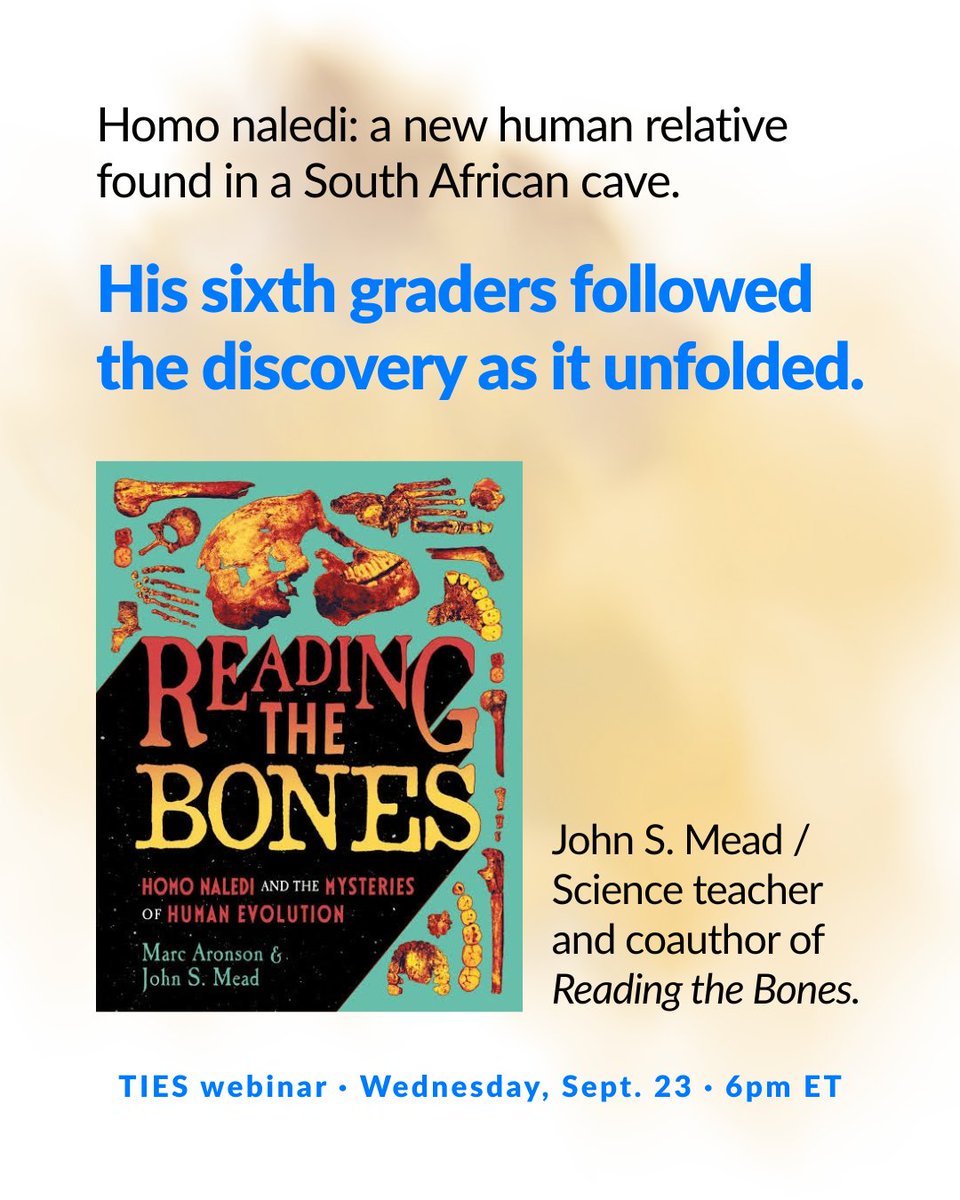 center4inquiry's tweet photo. In 2015, John Mead’s sixth graders followed the Homo naledi discovery as it unfolded. He later co-wrote Reading the Bones.

Tomorrow, he joins @rdfrsTIES to talk human evolution and teaching science while questions remain open.

Sept. 23 · 6 pm ET: https://t.co/qnhKDDYK0d https://t.co/EZdcqKLW4k