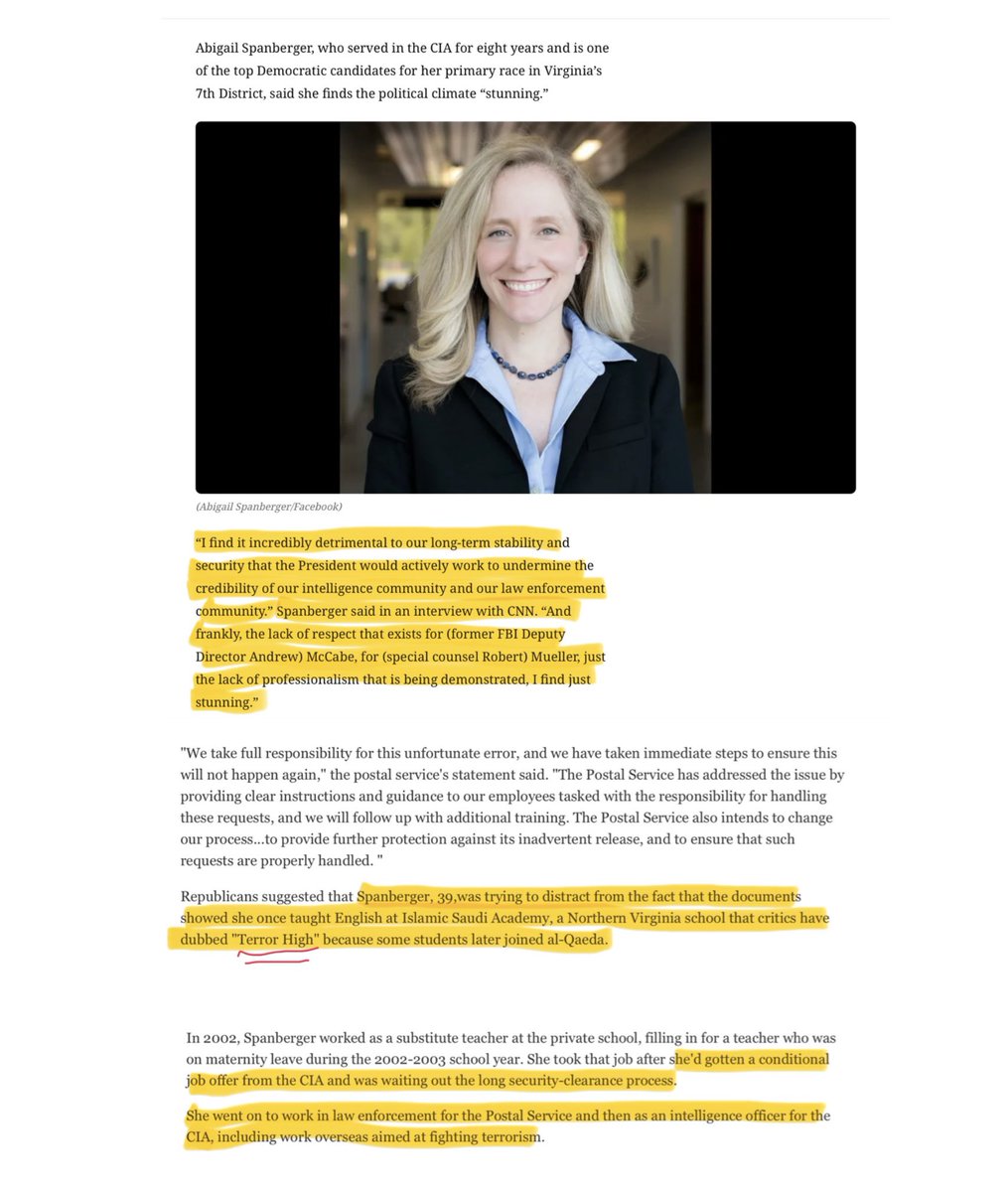 SuZuQ17's tweet photo. Q Team pointed Abigail Spanberger out back in 2018, as an ‘ex’ CIA operative with a grudge against President Trump.
The Chicago Tribune article has been removed, but I found it on the wayback archive..

Did anyone else know this part of Spanberger’s Background?🧐

“Republicans suggested that Spanberger, 39,was 𝐭𝐫𝐲𝐢𝐧𝐠 𝐭𝐨 𝐝𝐢𝐬𝐭𝐫𝐚𝐜𝐭 𝐟𝐫𝐨𝐦 𝐭𝐡𝐞 𝐟𝐚𝐜𝐭 𝐭𝐡𝐚𝐭 𝐭𝐡𝐞 𝐝𝐨𝐜𝐮𝐦𝐞𝐧𝐭𝐬 𝐬𝐡𝐨𝐰𝐞𝐝 𝐬𝐡𝐞 𝐨𝐧𝐜𝐞 𝐭𝐚𝐮𝐠𝐡𝐭 𝐄𝐧𝐠𝐥𝐢𝐬𝐡 𝐚𝐭 𝐈𝐬𝐥𝐚𝐦𝐢𝐜 𝐒𝐚𝐮𝐝𝐢 𝐀𝐜𝐚𝐝𝐞𝐦𝐲, 𝐚 𝐍𝐨𝐫𝐭𝐡𝐞𝐫𝐧 𝐕𝐢𝐫𝐠𝐢𝐧𝐢𝐚 𝐬𝐜𝐡𝐨𝐨𝐥 𝐭𝐡𝐚𝐭 𝐜𝐫𝐢𝐭𝐢𝐜𝐬 𝐡𝐚𝐯𝐞 𝐝𝐮𝐛𝐛𝐞𝐝 "𝐓𝐞𝐫𝐫𝐨𝐫 𝐇𝐢𝐠𝐡" 𝐛𝐞𝐜𝐚𝐮𝐬𝐞 𝐬𝐨𝐦𝐞 𝐬𝐭𝐮𝐝𝐞𝐧𝐭𝐬 𝐥𝐚𝐭𝐞𝐫 𝐣𝐨𝐢𝐧𝐞𝐝 𝐚𝐥-𝐐𝐚𝐞𝐝𝐚.”

https://t.co/eFq8v6msKc

https://t.co/cmzVX8X0fL