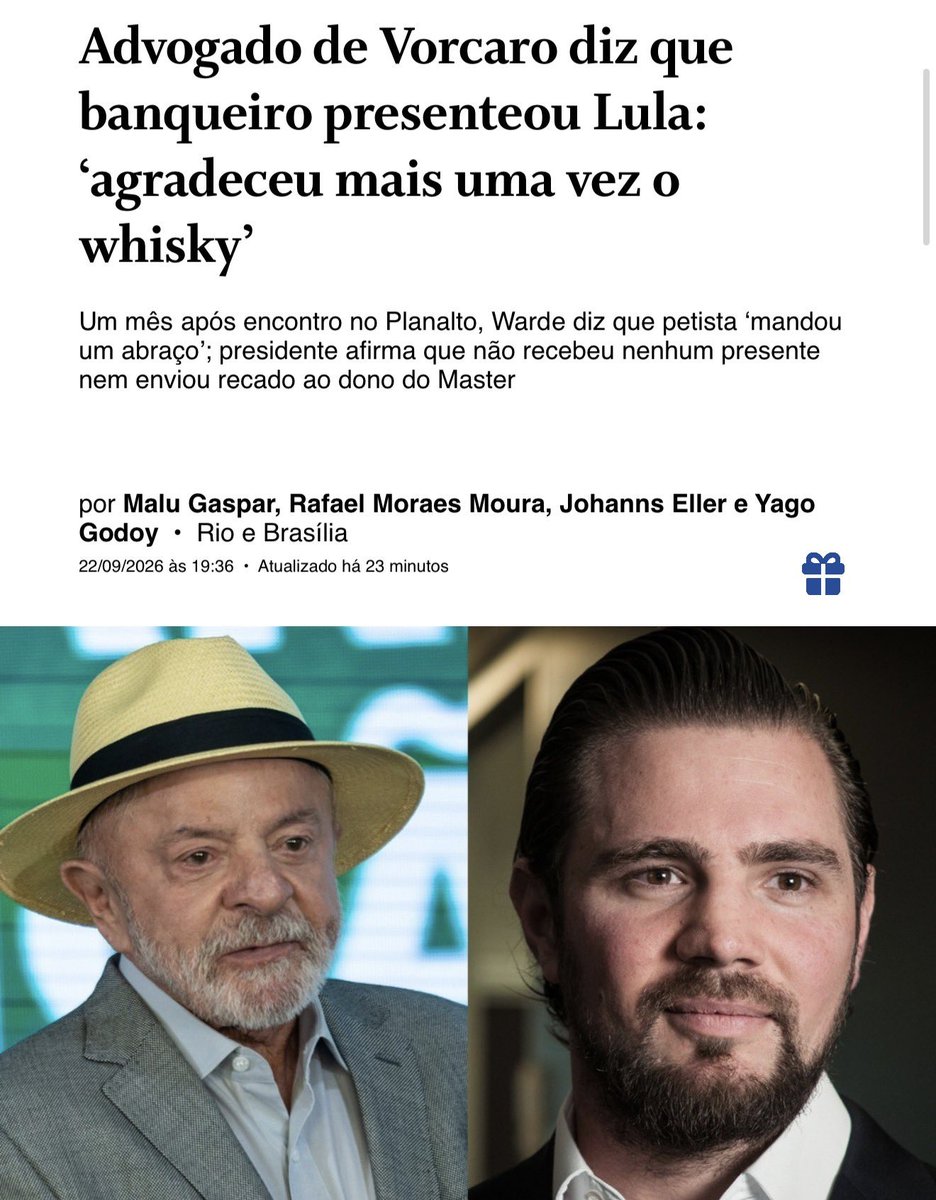 Haaaysb's tweet photo. 🚨AGORA:  MALU GASPAR EXPÕE LULA 

49 dias depois de se reunir com Daniel Vorcaro no Planalto, Lula teria recebido um uísque de presente do então dono do Banco Master.

Em uma mensagem, o advogado Walfrido Warde contou a Vorcaro:

“Ele agradeceu mais uma vez o whisky e mandou um abraço.”

E completou: “Outros detalhes eu conto pessoalmente.”