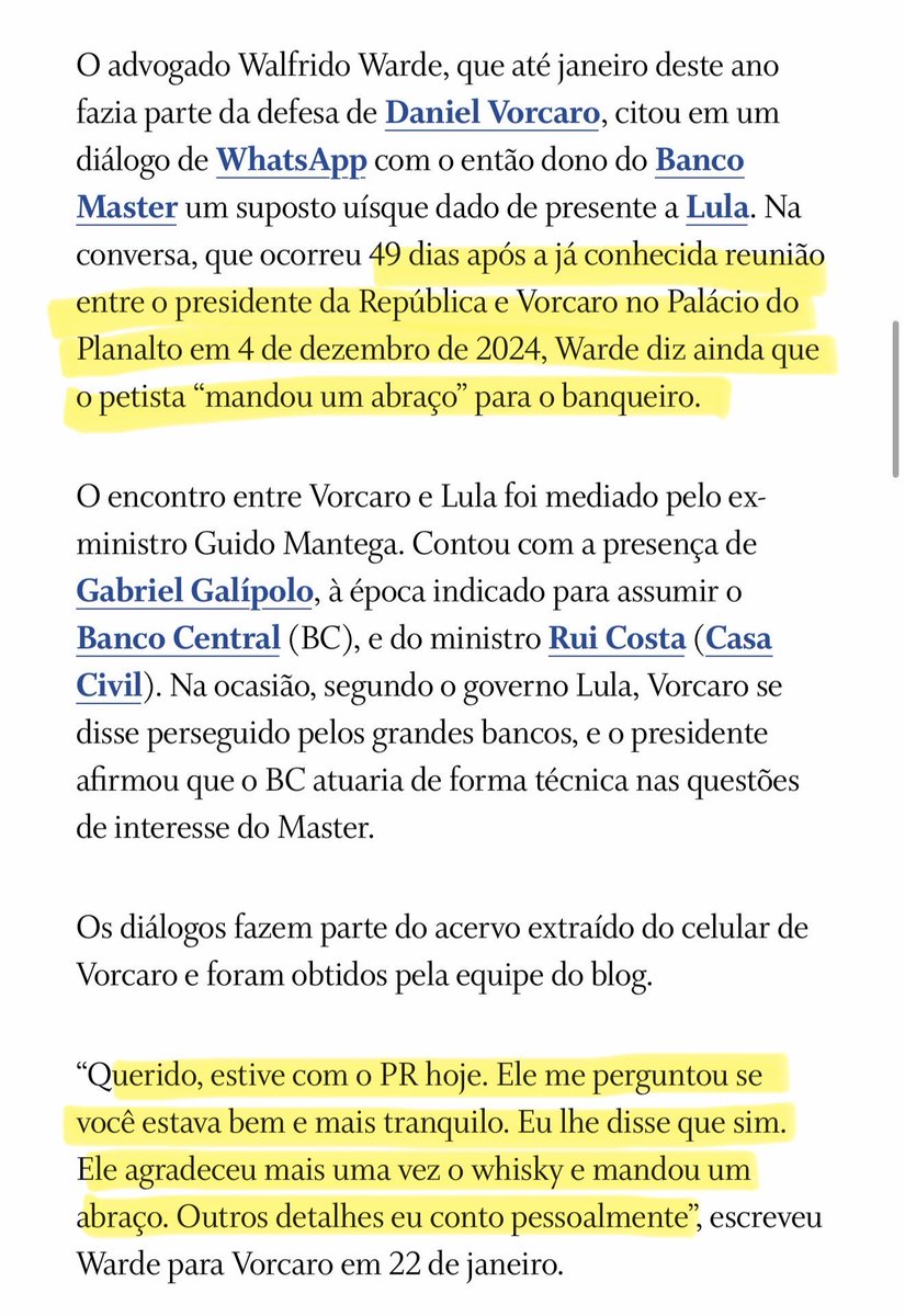 Haaaysb's tweet photo. 🚨AGORA:  MALU GASPAR EXPÕE LULA 

49 dias depois de se reunir com Daniel Vorcaro no Planalto, Lula teria recebido um uísque de presente do então dono do Banco Master.

Em uma mensagem, o advogado Walfrido Warde contou a Vorcaro:

“Ele agradeceu mais uma vez o whisky e mandou um abraço.”

E completou: “Outros detalhes eu conto pessoalmente.”