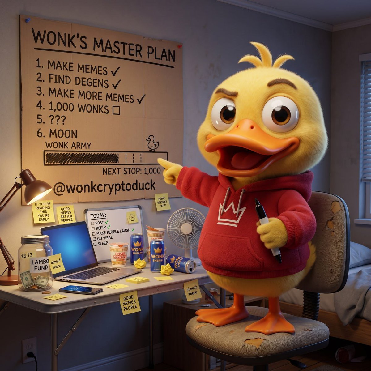 wonkcryptoduck's tweet photo. Wonk currently has:
$3.72

no marketing department
questionable financial decisions
and you.

we’re building the Wonk Army one degen at a time. 🦆

follow @wonkcryptoduck
reply 🦆 if you’re early
next stop: 1,000 Wonks. https://t.co/EhJmaKuboM