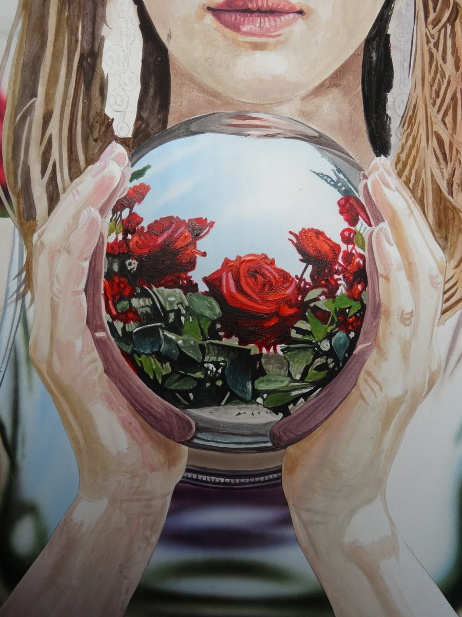 oomoridante's tweet photo. メタル＆フラワーシリーズ第１作
  「Rose　Mirror」
  制作過程　VOL３

メタルボールに映り込む薔薇の花を描きます。
背景のボカシ気味の薔薇とは対照的にばっちりピントが合った薔薇の花です、細かい作業をアクリル絵の具で描きます。 https://t.co/GrK8oPpgUi
