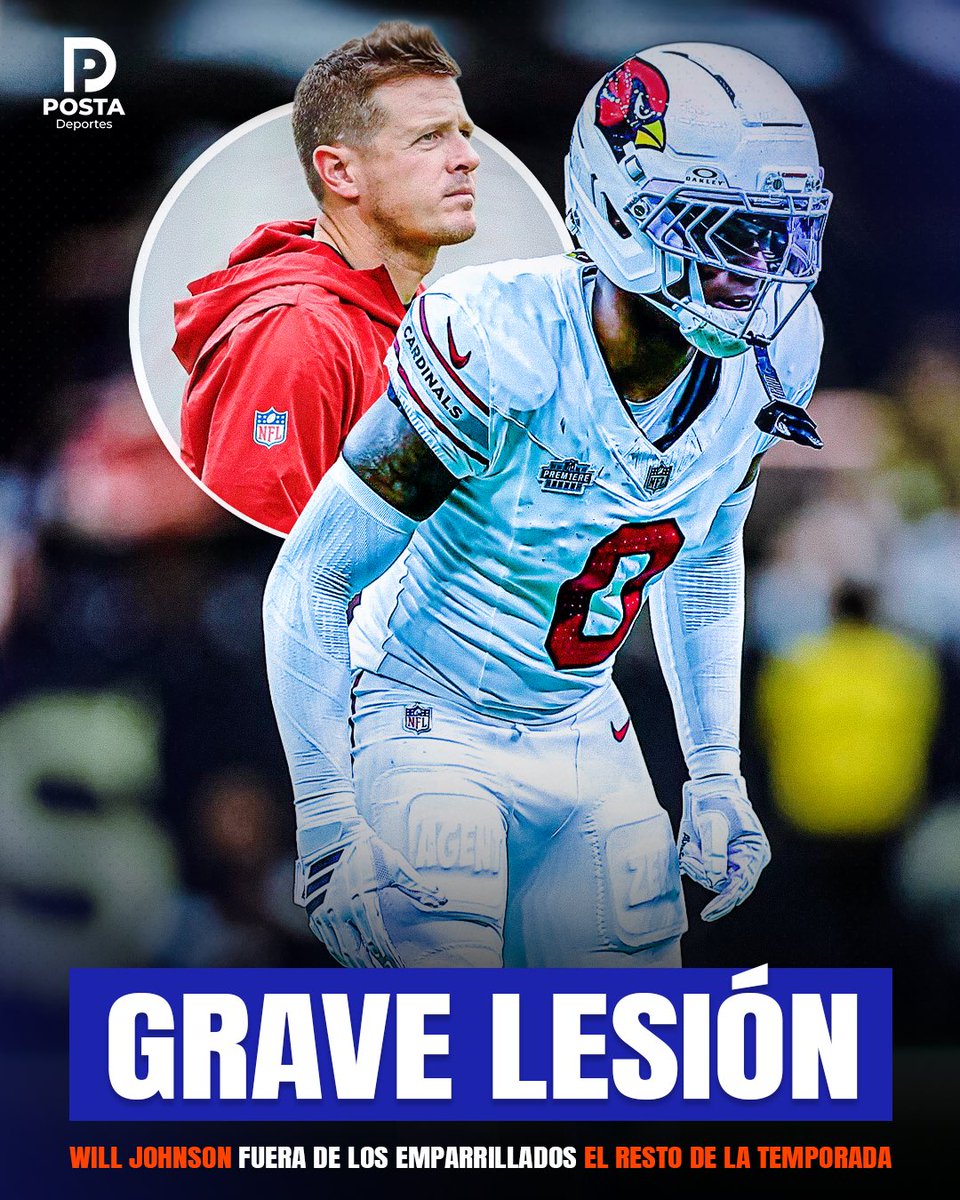 POSTADeportes's tweet photo. 🚨 GOLPE DURÍSIMO PARA ARIZONA 🏈💔

Will Johnson sufrió una lesión en el cuello ante Seattle y podría perderse TODO lo que resta de la temporada. Mike LaFleur confirmó que la situación es seria, aunque todavía no hay un diagnóstico definitivo sobre cuánto tiempo estará fuera. 

El joven cornerback apenas comenzaba su segunda temporada y ya era una pieza importante de la defensiva de los Cardinals.

¿Podrá Arizona cubrir una baja así? 👀
