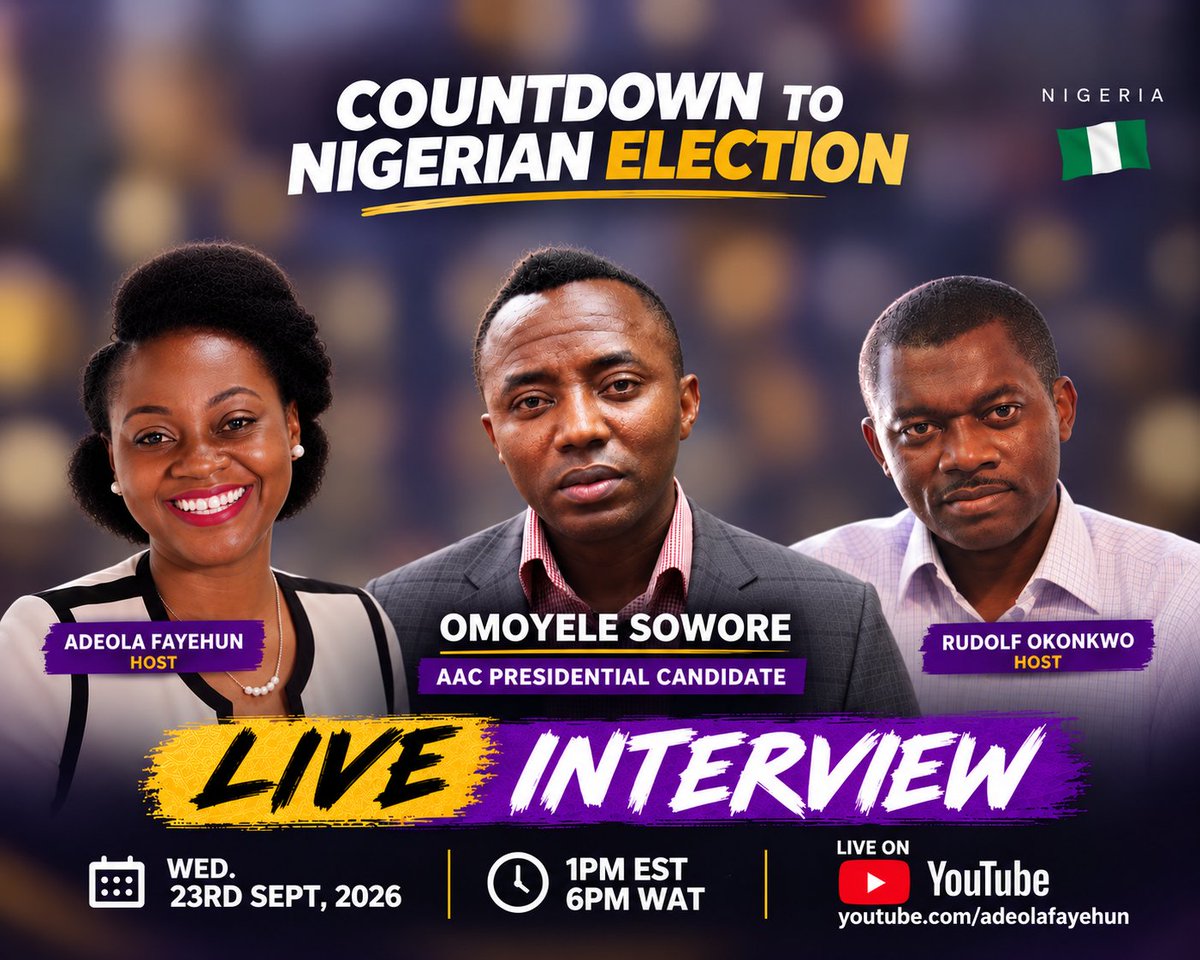 AdeolaFayehun's tweet photo. Please join us Wednesday for a live interview with AAC Presidential candidate @sowore 1:00pm EST, 6:00pm WAT https://t.co/zFAIbrGQDl