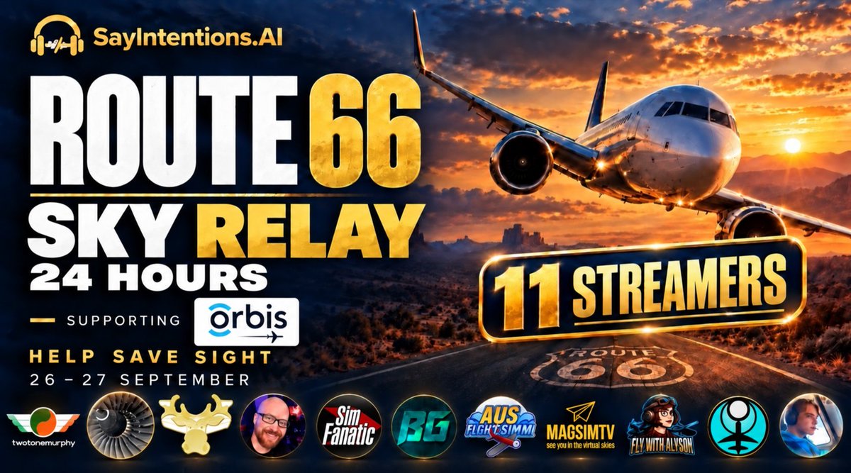 TubeSim's tweet photo. ✈️ Hey SimFans! We’re joining the Route 66 Sky Relay!  I’m excited to announce that we at SimFanatic will be one of eleven streamers taking turns flying this weekend in a 24-hour charity relay organized by https://t.co/GlbSuXhwxj, supporting Orbis. https://t.co/urQ58pOuRd