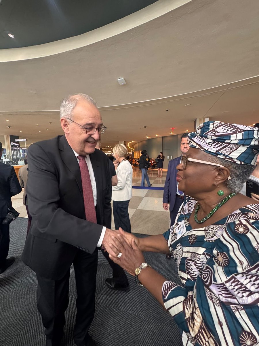 NOIweala's tweet photo. More images from #UNGA81 meetings. Saying hello to The Right Honourable @andyburnham PM of the UK, H.E. Guy Parmelin @ParmelinG President of Switzerland, H.E. Pedro Sanchez @sanchezcastejon PM of Spain, and Baroness Patricia Scotland @PScotlandKC. https://t.co/ezRR8PpsrK