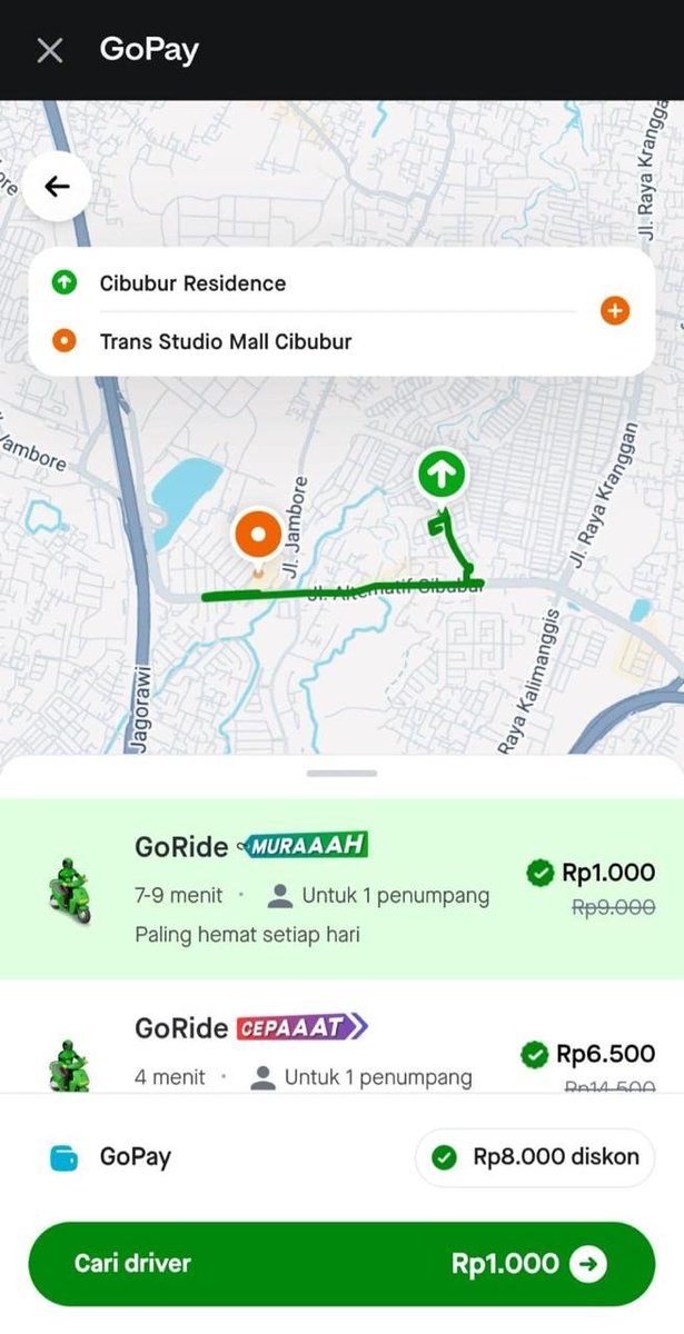 Gumtamitami's tweet photo. kalau sebelum berangkat sempat cek harga ternyata lumayan juga. GoRide dari Cibubur Residence ke Trans Studio Mall Cibubur dapet 1rb lewat GoPay  #GOJEKDIGOPAYMULAIDARI1000 https://t.co/6zx7VUN3AF