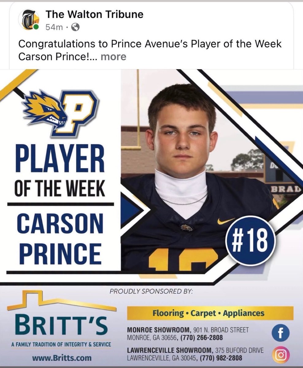 Carson__Prince's tweet photo. Honored to be named Walton Tribune Player of the Week!! @CoachRicht @CoachFowler9 @waltontribune https://t.co/PxFtBbMLd8