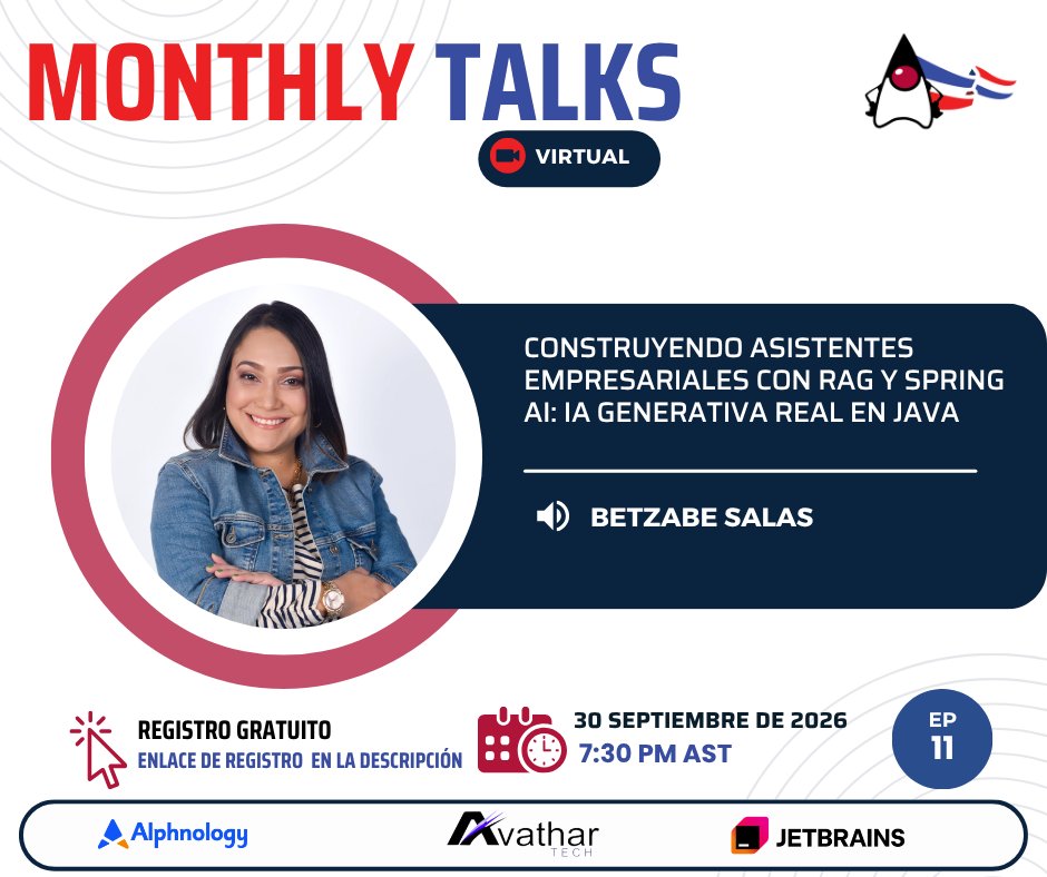 JavaDominicano's tweet photo. Nuestra próxima actividad: Evento Virtual

Construyendo Asistentes Empresariales con RAG y Spring AI: IA Generativa real en Java

Registro: https://t.co/zAwvP49cgu

#java #springai #jugevents #latamjugs https://t.co/NnrC0nB0Wd