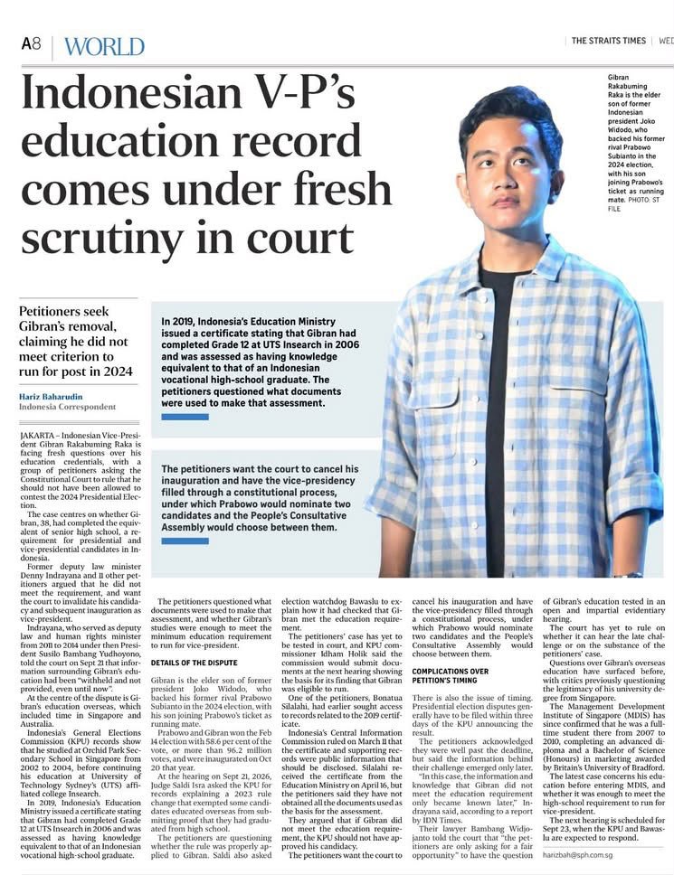 LambeSahamjja's tweet photo. media asing udah beritain soal gibran di di gugat ke mk:
- koran straits times lagi soroti kasus ijazah wapres gibran yang diuji ulang di mk
- ada pemohon yang minta mk batalin pencalonan gibran 
- soalnya dianggap gak penuhi syarat pendidikan buat capres cawapres 2024
- yang ajuin gugatan ini denny indrayana mantan wamenkumham sama 11 pemohon laen
- taun 2019 kemendikbud pernah keluarin sertifikat yang bilang gibran setara kelas 12 dari uts insearch taun 2006 dianggap setara lulusan sma kejuruan indonesia
- pemohon nanya nanya dokumen apa yang dipake buat nilai kesetaraan itu
- gibran dulu kuliah manajemen di orchid park secondary school singapura taun 2002 sampe 2004 terus lanjut ke university of technology sydney 
- tapi kampus cabang yang di singapura
- pemohon minta mk batalin pelantikan gibran terus posisi wapres diisi lewat jalur konstitusional dimana prabowo ajukan dua calon terus mpr yang milih salah satunya
- sidang lanjutan dijadwalin tanggal 23 september nunggu tanggapan dari kpu sama bawaslu