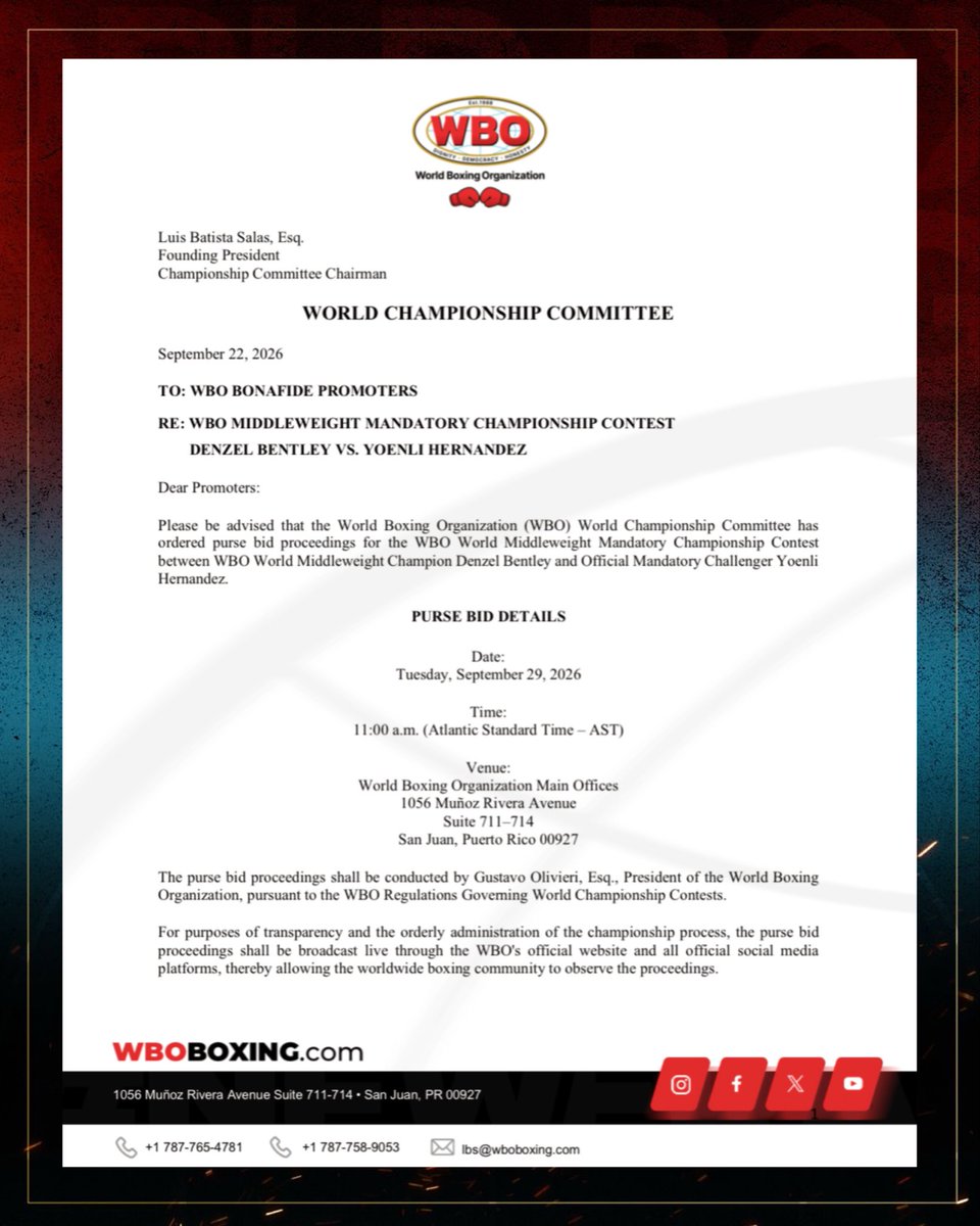 WorldBoxingOrg's tweet photo. Purse Bid Ordered 🥊

WBO Middleweight Champion Denzel Bentley vs. Official Mandatory Challenger Yoenli Hernandez.

📅 September 29, 2026
⏰ 11:00 a.m. AST
💰 Minimum Bid: $200,000

The proceedings will be broadcast live across WBO’s official digital platforms https://t.co/pPvmlfW927