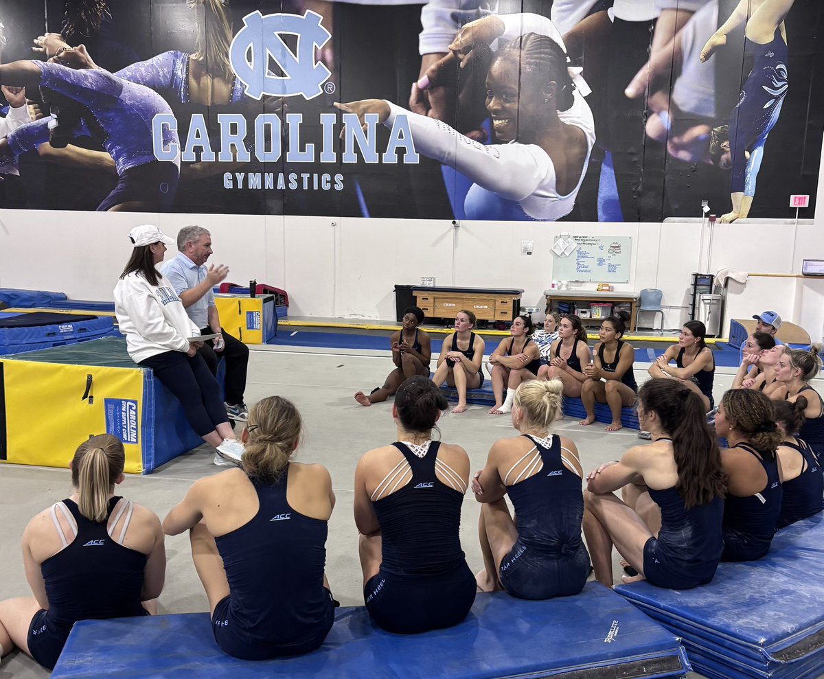 uncgymnastics's tweet photo. Huge thank you to Laura Montross and Adam Lucas for taking the time to speak with our team about Eric Montross and his heart for service! Excited to take part in the Montross Day of Service tomorrow.

#GoHeels https://t.co/l7hUHasAuu