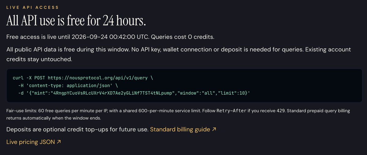 protocolnous's tweet photo. nous api is free for 24 hours

no wallet. no api key. no credits spent.

deployer histories, launch records and token analysis for your agents

go give the bot a memory

ends sept 24, 00:42 UTC

https://t.co/CpdB8qDwnw https://t.co/IT8obgyAGm
