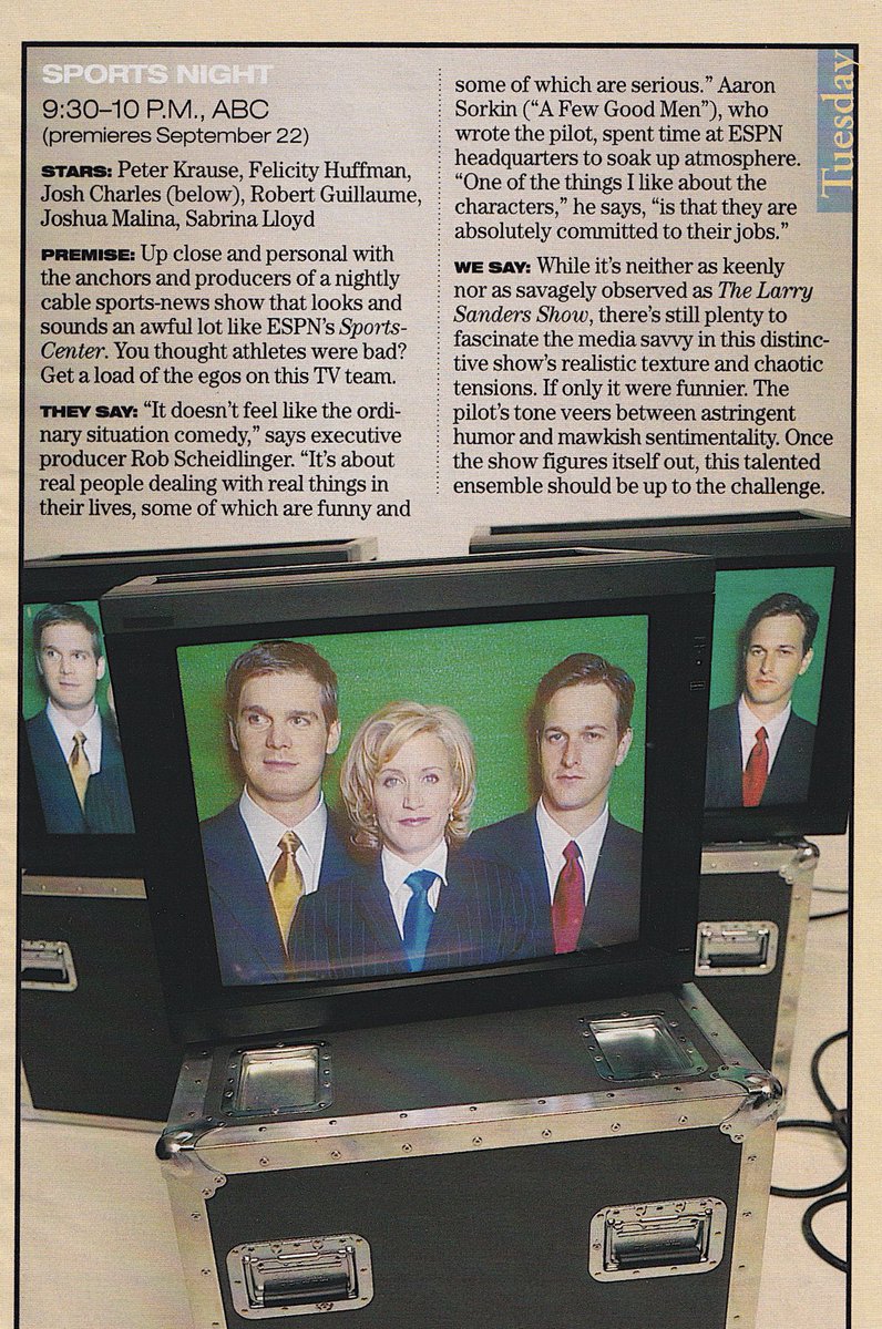 RetroNewsNow's tweet photo. 📺DEBUT: Aaron Sorkin’s ‘Sports Night’ starring Josh Charles, Peter Krause, Felicity Huffman and Robert Guillaume premiered 28 years ago, September 22, 1998, on ABC https://t.co/RdpjbLA0T4