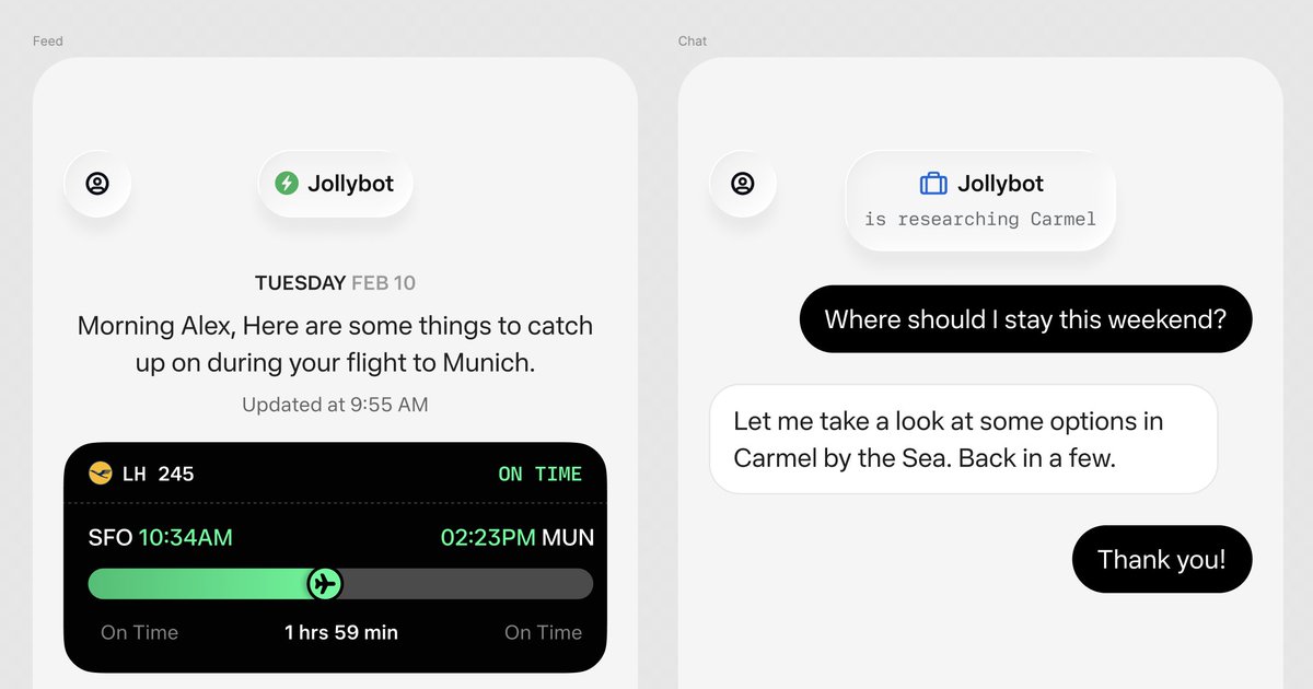 alexcornell's tweet photo. When I look back at the earliest @Muse mocks, the very first thing that was designed was the “status” pill at the top of the screen. That one tiny piece of UI survived every subsequent revision, many months on.

It remains one of my favorite parts of the design. Its purpose is to simply and clearly answer the question: what is my agent doing right now? And do that across every surface of the app.

Representing status in this way is more of a messaging pattern and was kind of controversial early on. Most AI apps had coalesced around “chain of thought” as the way to represent ongoing work, which almost always appeared at the bottom of the thread itself. I had a petulant aversion to this and it didn’t work anyway, given the initial app was already three tabs (feed, chat, library). A persistent status display was necessary.

The initial version didn’t have the avatar and was only capable of ~6 deterministic states. Even in that basic form it was incredibly useful during testing – just showing connection status was critical in those early days.

Excited to share some more stories about the design of Muse. I haven’t tweeted in a few years as I’ve just been working away, but I think this will be a fun story.