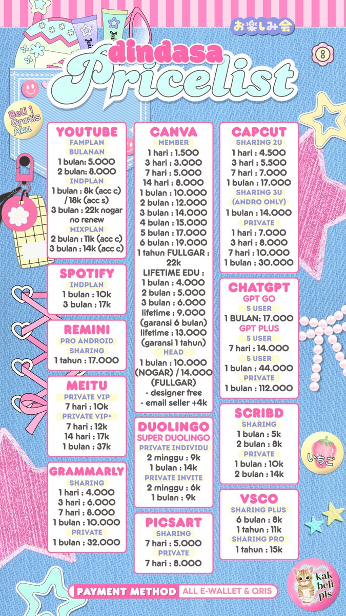 haidindasa's tweet photo. Halo ka♡ Sini ka di @dindasashop Ready app prem harga murah, bergaransi, trusted✨ Fast proses dan fast respon. langsung ke wa aja yaa, biar langsung proses🍒
💸 : QRIS &amp; All E Wallet 
📩 : https://t.co/VbvjrtbWDI
#zonauangㅤ https://t.co/zN7cjDtfNW