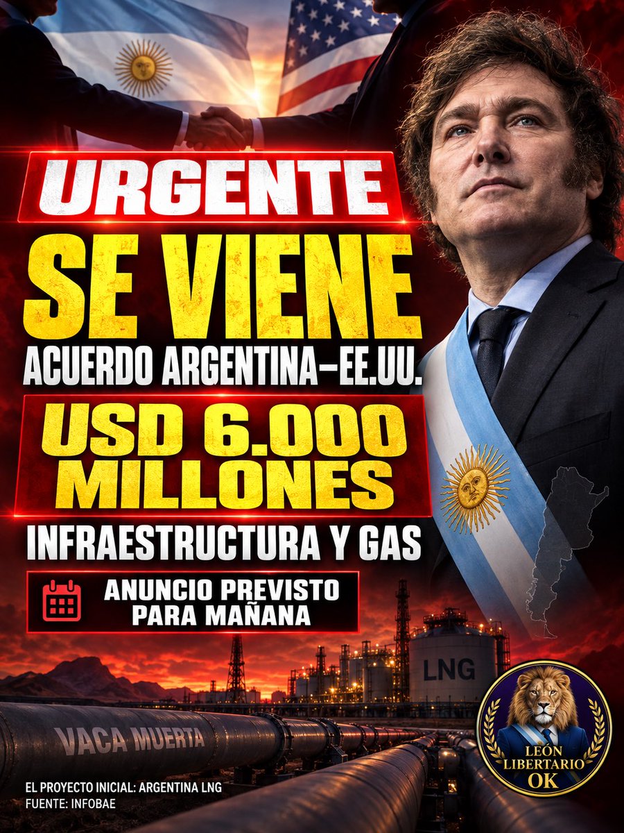 LeonLibertari0's tweet photo. 🇦🇷🇺🇸 Argentina y Estados Unidos avanzan hacia un acuerdo de inversiones por hasta USD 6.000 millones para infraestructura estratégica.

El anuncio sería realizado mañana por el canciller Pablo Quirno y el subsecretario de Estado estadounidense Chris Landau. El esquema contaría con respaldo del Exim Bank e inversores privados y comenzaría con el proyecto Argentina LNG, clave para ampliar la producción y exportación de gas de Vaca Muerta.

⚠️ El acuerdo todavía no fue firmado oficialmente.