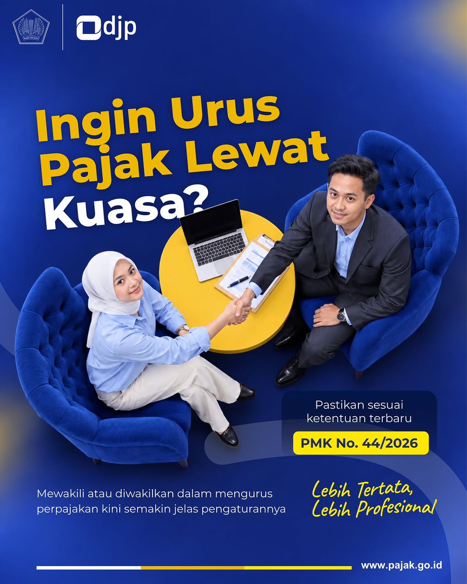 pajakmanado's tweet photo. Ingin urus pajak lewat kuasa? Kini pengaturannya makin tertata dan profesional berdasarkan PMK No. 44/2026! ✨ https://t.co/ePQmz8Sj6N