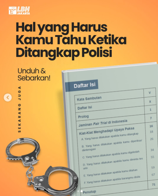 MenteriPekerja's tweet photo. INFORMASI PENTING 🚨🚨🚨

LBH JAKARTA mengeluarkan Buku Saku berjudul “Hal yang Harus Kamu Tahu Ketika Ditangkap Polisi”.

Buku saku ini menjelaskan secara sederhana cara kerja sistem peradilan pidana, arti tindak pidana dan upaya paksa, serta alasan hukum dan HAM dibutuhkan untuk membatasi wewenang aparat. Pembaca juga diajak memahami haknya saat ditangkap atau menghadapi upaya paksa lain.

Tujuannya jadi bekal bagi siapa pun yang berhadapan dengan aparat. Memahami hak penting bukan hanya bagi orang yang sedang diproses hukum, tetapi juga agar peradilan pidana tetap adil dan tidak sewenang-wenang.

UNDUH DAN SEBARKAN‼️