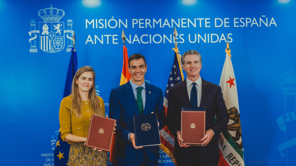 CAgovernor's tweet photo. It was a pleasure to meet again with Spanish Prime Minister Pedro @SanchezCastejon to sign a new MOU strengthening California-Spain collaboration on climate action and clean energy.

By working with our partners, California is advancing clean energy, creating jobs, and cutting pollution.