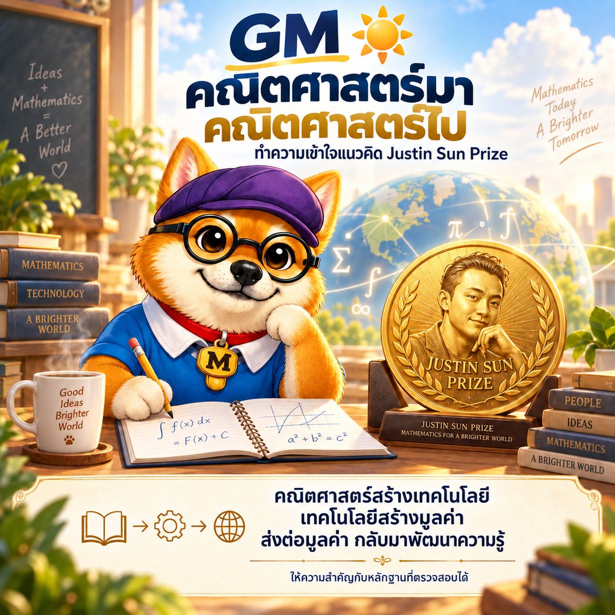 MKrub8's tweet photo. 🐶 🐶 “คณิตศาสตร์มา คณิตศาสตร์ไป” เกี่ยวอะไรกับ Justin Sun และอนาคตของโลก?

เห็นประโยคนี้แล้ว บางคนอาจนึกถึงสูตรคณิตศาสตร์ตอนเรียน แต่ความหมายในบริบทนี้ลึกกว่านั้นครับ

มันหมายถึงแนวคิดที่ว่า “ความมั่งคั่งที่มีคณิตศาสตร์เป็นรากฐาน จะถูกนำกลับไปสนับสนุนคณิตศาสตร์”

Justin Sun ผู้ก่อตั้ง TRON อธิบายถึงการตั้ง Justin Sun Prize ว่า เป็นการตอบแทนองค์ความรู้ทางคณิตศาสตร์ที่อยู่เบื้องหลังอุตสาหกรรมซึ่งสร้างความมั่งคั่งให้เขา

 เกี่ยวอะไรกับ Justin Sun และอนาคตของโลก?

เห็นประโยคนี้แล้ว บางคนอาจนึกถึงสูตรคณิตศาสตร์ตอนเรียน แต่ความหมายในบริบทนี้ลึกกว่านั้นครับ

มันหมายถึงแนวคิดที่ว่า “ความมั่งคั่งที่มีคณิตศาสตร์เป็นรากฐาน จะถูกนำกลับไปสนับสนุนคณิตศาสตร์”

Justin Sun ผู้ก่อตั้ง TRON อธิบายถึงการตั้ง Justin Sun Prize ว่า เป็นการตอบแทนองค์ความรู้ทางคณิตศาสตร์ที่อยู่เบื้องหลังอุตสาหกรรมซึ่งสร้างความมั่งคั่งให้เขา 

🔐 คณิตศาสตร์สร้างมูลค่าได้อย่างไร?

เวลาเราใช้กระเป๋าคริปโท สิ่งที่ทำให้ระบบตรวจสอบได้ว่าใครมีสิทธิ์อนุมัติธุรกรรม คือกลไกอย่าง “ลายเซ็นดิจิทัล” ซึ่งอาศัยคณิตศาสตร์และวิทยาการเข้ารหัส

ลองนึกภาพว่า เราสามารถแสดงหลักฐานว่าเป็นเจ้าของกุญแจได้ โดยไม่ต้องเปิดเผยกุญแจลับให้ทุกคนรู้ นี่คือหนึ่งในแนวคิดสำคัญที่ช่วยให้คนซึ่งไม่รู้จักกันทำธุรกรรมผ่านระบบดิจิทัลได้

เบื้องหลังเหรียญ กระเป๋าเงิน และเครือข่าย จึงมีทั้งสมการ อัลกอริทึม และสมมติฐานทางคณิตศาสตร์รองรับอยู่

🧠 แล้วหลักการคณิตศาสตร์ที่เชื่อมกับรางวัลนี้คืออะไร?

หัวใจคือ “การพิสูจน์”

ลองดูตัวอย่างง่าย ๆ
1 + 3 = 4
1 + 3 + 5 = 9
1 + 3 + 5 + 7 = 16
เราอาจสังเกตว่า ผลบวกของจำนวนคี่บวก n จำนวนแรก เท่ากับ n²
แต่การลองแล้วถูก 3 ครั้ง ยังไม่พิสูจน์ว่าถูกทุกครั้ง คณิตศาสตร์ต้องอธิบายให้ได้ว่า ทำไมจึงเป็นจริงสำหรับจำนวนเต็มบวก n ทุกค่า
นี่คือความต่างระหว่าง “ดูเหมือนจะจริง” กับ “มีเหตุผลพิสูจน์รองรับ”

🏅 Justin Sun Prize นำแนวคิดนี้มาต่อยอดอย่างไร?

ตามรายละเอียดของโครงการ รางวัลตั้งต้นจากโจทย์ที่เปิดเผยต่อสาธารณะ และให้ความสำคัญทั้งกับผู้แก้โจทย์ และผู้แปลงบทพิสูจน์ให้อยู่ในรูปแบบที่คอมพิวเตอร์ตรวจสอบได้ด้วย Lean

การผ่านการตรวจสอบดังกล่าวเป็นเงื่อนไขก่อนเข้าสู่การประเมินรางวัล ซึ่งยังต้องพิจารณาตามกติกาของโครงการด้วย 

ความน่าสนใจจึงอยู่ที่การสนับสนุนให้ความคิดดี ๆ พัฒนาเป็นหลักฐานที่ผู้อื่นตรวจสอบและนำไปต่อยอดได้

🌍 แล้วสำคัญต่อโลกอย่างไร?

คณิตศาสตร์เป็นพื้นฐานของเทคโนโลยีใกล้ตัวมากกว่าที่คิด

• ทฤษฎีจำนวนและพีชคณิต ช่วยวางรากฐานให้วิทยาการเข้ารหัส
• พีชคณิตเชิงเส้น แคลคูลัส และความน่าจะเป็น เป็นเครื่องมือสำคัญของ AI
• สมการเชิงอนุพันธ์ ช่วยสร้างแบบจำลองอากาศ การไหลของน้ำ และงานวิศวกรรม
• การหาค่าเหมาะที่สุด ช่วยวางแผนเส้นทางขนส่งและจัดสรรทรัพยากร

โจทย์ที่วันนี้ดูไกลตัว อาจกลายเป็นเครื่องมือสำคัญในอนาคต แม้เราไม่อาจรู้ล่วงหน้าว่าจะเกิดขึ้นเมื่อไร

สำหรับพี่หมา แนวคิด “จากคณิตศาสตร์ กลับสู่คณิตศาสตร์” จึงเป็นวงจรที่น่าคิดครับ

ความรู้สร้างเทคโนโลยี → เทคโนโลยีสร้างมูลค่า → นำทรัพยากรกลับมาสนับสนุนความรู้ใหม่

คุณค่าระยะยาวของ Justin Sun Prize จึงต้องดูต่อไปว่า จะช่วยให้เกิดผลงานที่ตรวจสอบได้และต่อยอดได้มากเพียงใด
เพราะสมการที่คนหนึ่งเขียนในวันนี้ อาจเป็นรากฐานของสิ่งที่คนทั้งโลกใช้ในวันข้างหน้า 🐶🌍

พี่หมาเป็นกำลังใจให้ @justinsuntron และ @trondao เสมอ

รอ @TronDao_THA ให้การบ้านเลข 555
#TRON #TronGlobalFriends