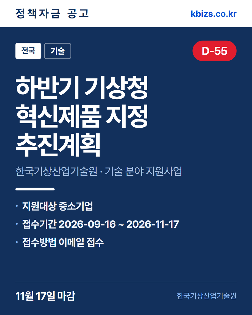 thekbizs's tweet photo. 오늘의 정책자금 공고 5건 · 기술·R&amp;D

① [전국] 2026년 공공기술 사업화용 기술… — 10월 16일 마감
② [전국] 2026년 3차 중소벤처기업부 혁… — 10월 28일 마감
③ [전국] 2026년 4차 중소벤처기업부 혁… — 10월 28일 마감

#소상공인정책자금 #정부지원정책자금조건 #기술 https://t.co/8yngjYC6z7