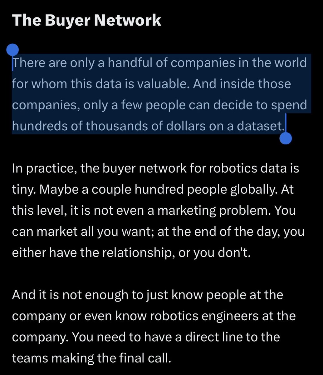 xiao_ted's tweet photo. This is the best thoroughly honest take on the brutal robotics data market today.

Yes, there is now a brief arbitrage window for robotics data. But the market is saturated, entry costs are surprisingly non-trivial, and there are a single digit number of real buyers. https://t.co/pcR3bvcovr