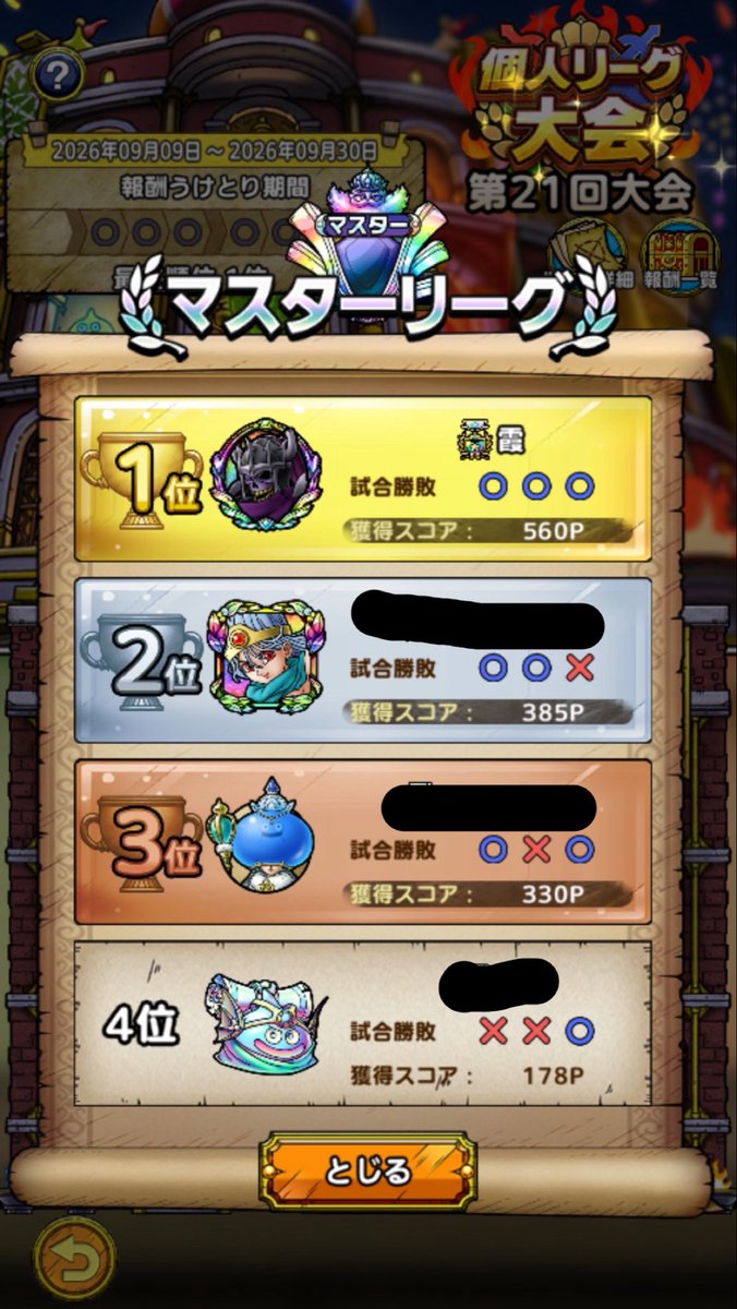 CT16C's tweet photo. 個人リーグ大会
第21回大会　予選と本戦マッチング運に恵まれマスターリーグ1位取る事が出来ました。
#ドラクエタクト
#個人リーグ大会 https://t.co/JxaDLBzFok
