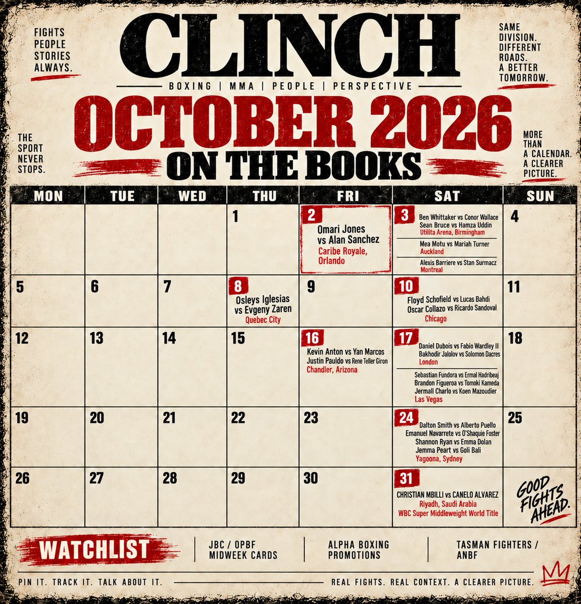 ClinchMag's tweet photo. OCTOBER — ON THE BOOKS 🗓️🥊
A month worth saving.
From Orlando to Birmingham, Chicago to London, Las Vegas, Sydney and Riyadh — this is the current CLINCH October calendar.
Save it. Check it. Cross them off as we go.
Real fights. Real context. A clearer picture. https://t.co/zMrnltqUs9