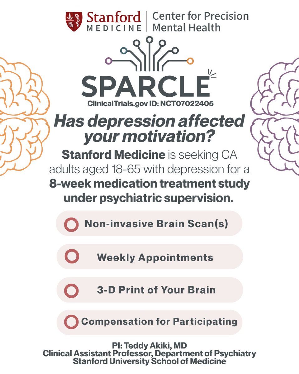 Stanford_CPMH's tweet photo. This afternoon, we are spotlighting our SPARCLE study, which explores how an FDA-approved medication may treat one of the six circuit biotypes of depression identified by Dr. Williams and the team at the Center for Precision Mental Health. 

The SPARCLE study is currently recruiting adults in California between 18 and 65 years old.   To learn more or enroll in the SPARCLE study, check out our webpage at https://t.co/etRFMRLIlc.   

To learn more about Dr. Akiki's work and how biomarker-guided trials are transforming the field, be sure to stop by the "Biomarkers and Precision Therapeutics: Transformational Strategies in Mental Health" panel during the Precision Mental Health Symposium this Friday, September 25! 

 #PrecisionMentalHealthWeek #StanfordPMH #PrecisionPsychiatry
